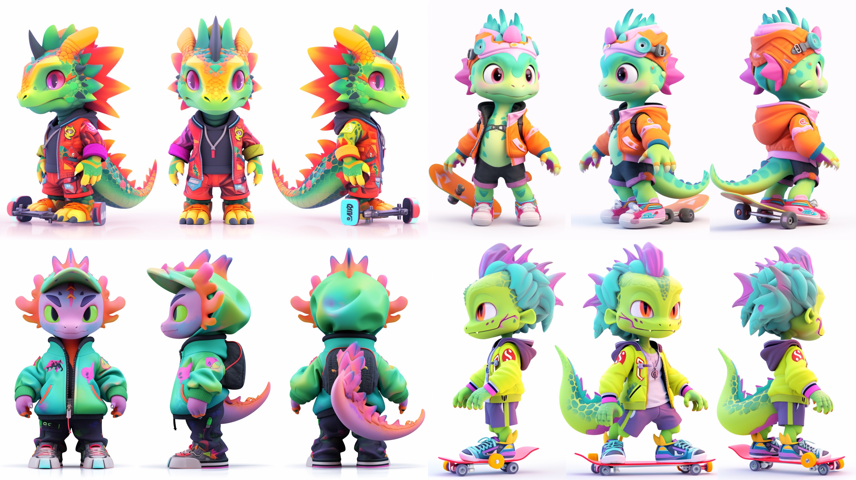 3d toy, ip, cyberpunk style, cute little dragon, fashion, festive, laser textured clothes, simple background, three views, namely the front view, the side view and the back view, best quality, c4d, blender, 3d model, toys, vibrant colours, street style, high resolution, lots of details, pixar, candy colours, skateboarding shoes big shoes, fashion trends,