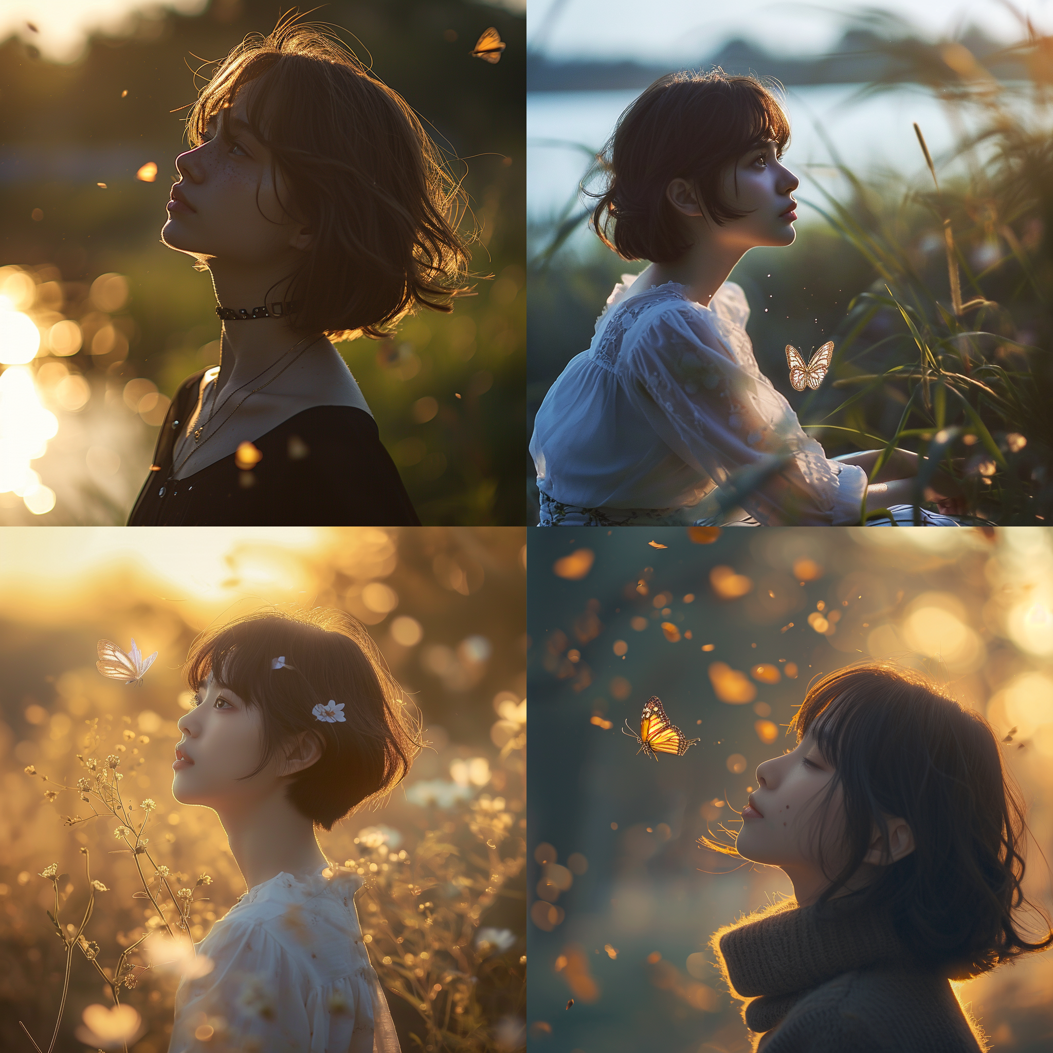 蝴蝶，情绪风，短发少女，日落后蓝调时间，河堤，空旷场景，独树 清晰焦距，浅景深，背光，侧光，柔和光线，柔色调，自然动作，轻盈感，寂静，宁静，温暖的色彩，幸福的表情。