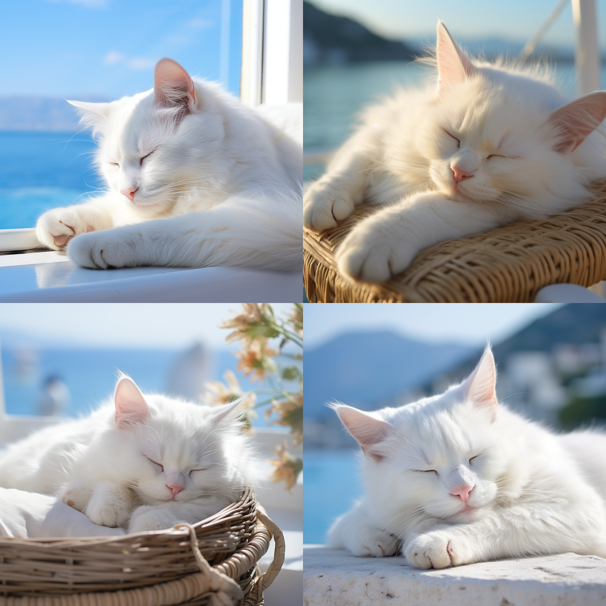 白色猫咪，海面上，悠闲睡觉，中心构图，清晰细节，自然光线，柔和色调，长焦镜头，静态，平静。