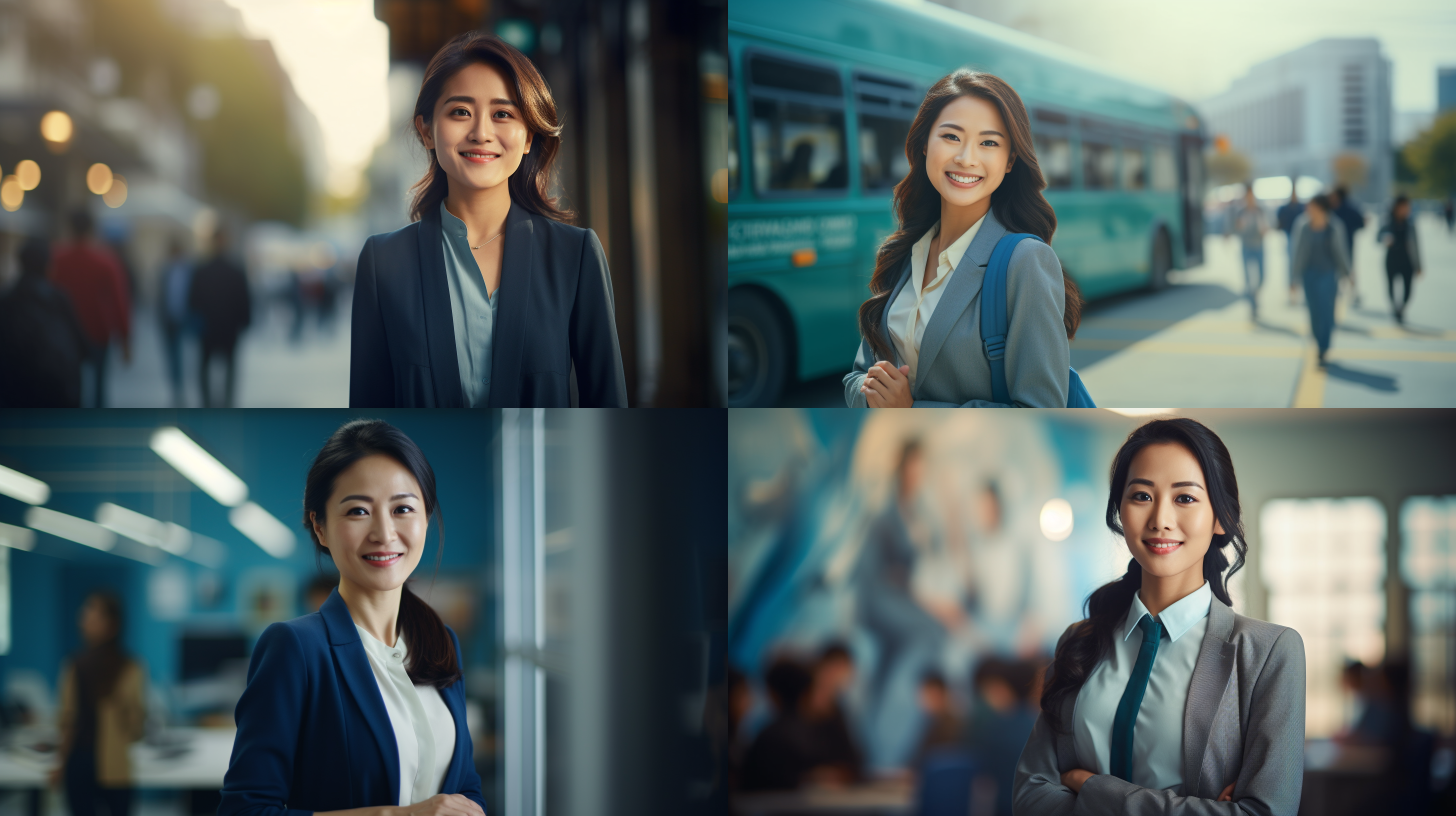 老师，亚洲女性，身穿正装，微笑着站在右侧，教室环境背景，柔和光线，高清晰度，中焦镜头，自然表情，蓝色色调，专注。