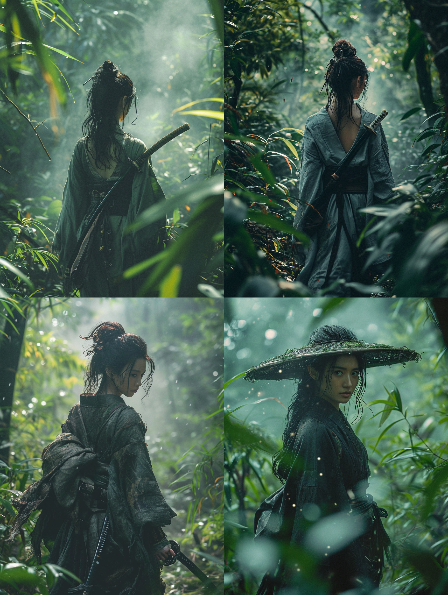 亚洲女武士在树林漫步，低头发飘，平角度拍摄，柔和光线，全景画面，环境元素丰富，细节丰富，自然色彩，宁静，优雅。 电影风格 热带雨林 丁达尔效应 光粒子 吕克贝松 电影风格 热带雨林 丁达尔效应 光粒子 吕克贝松