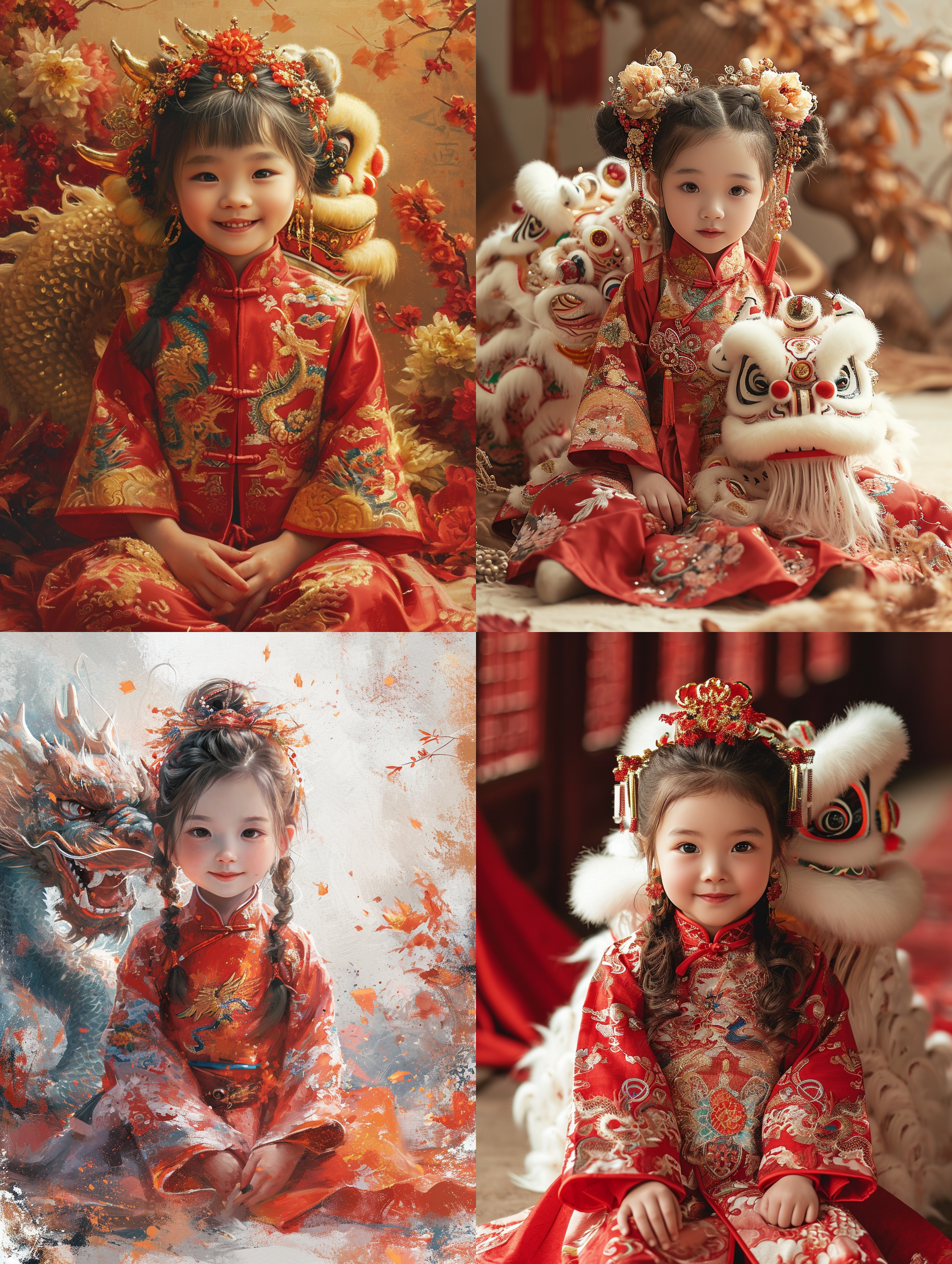 小女孩，盘坐在地，背后中国龙，红唐装，纯色背景，插画，细节丰富，极高分辨率，欢乐氛围，活泼可爱，暖色调，广角镜头，明亮光线，微笑，温馨，全身，大面积留白，节日氛围 浮世绘 中国龙 全身 白黄 浮世绘 中国龙 全身 白黄 浮世绘 中国龙 全身 白黄