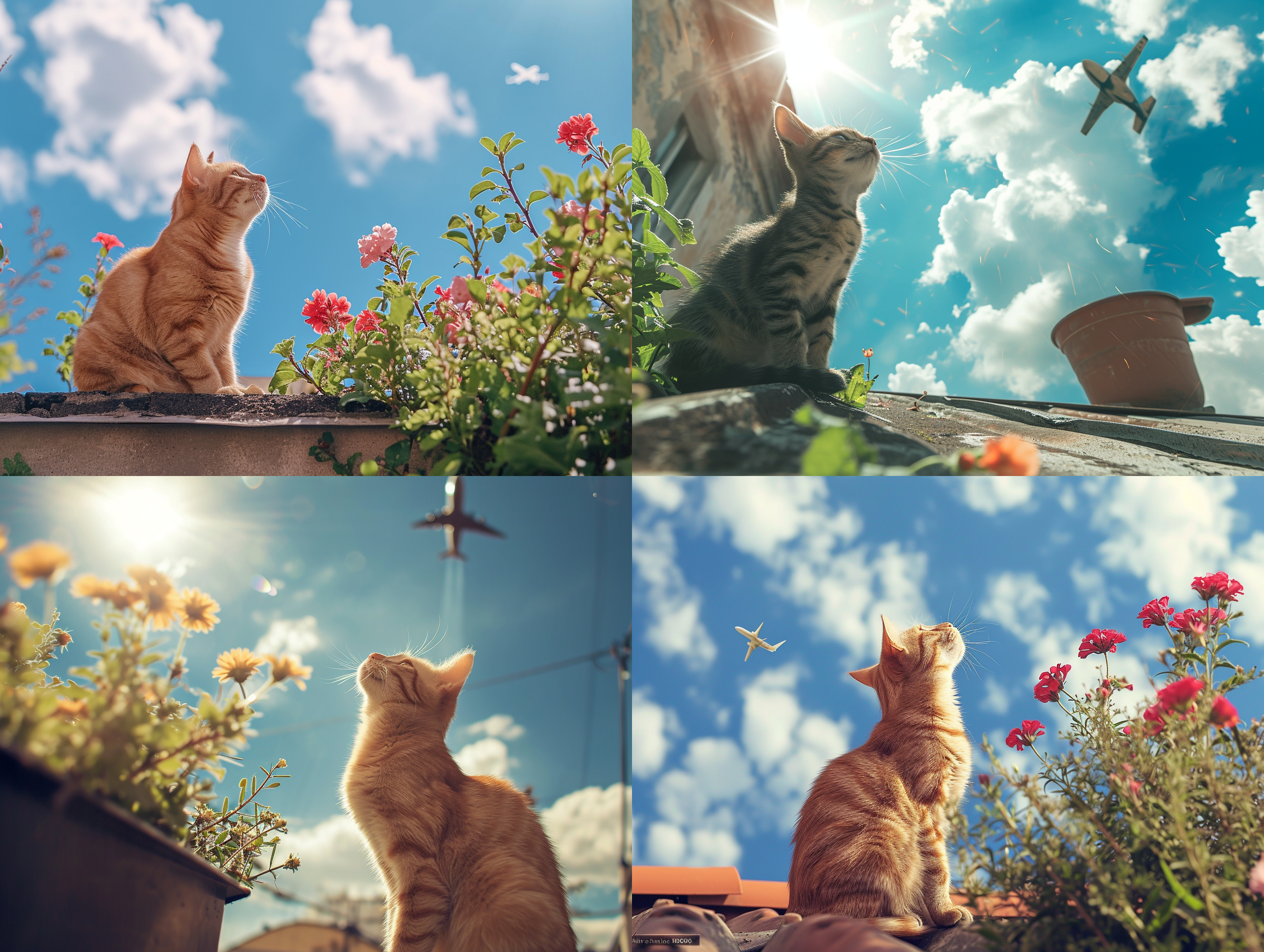 晴天，蔚蓝天空下，花狸猫蹲在天台，仰视望着天空。一架飞机经过，构图对角线，摄影照片，广角镜头，明亮阳光，自然元素，细节丰富，柔和色调，宁静情绪。