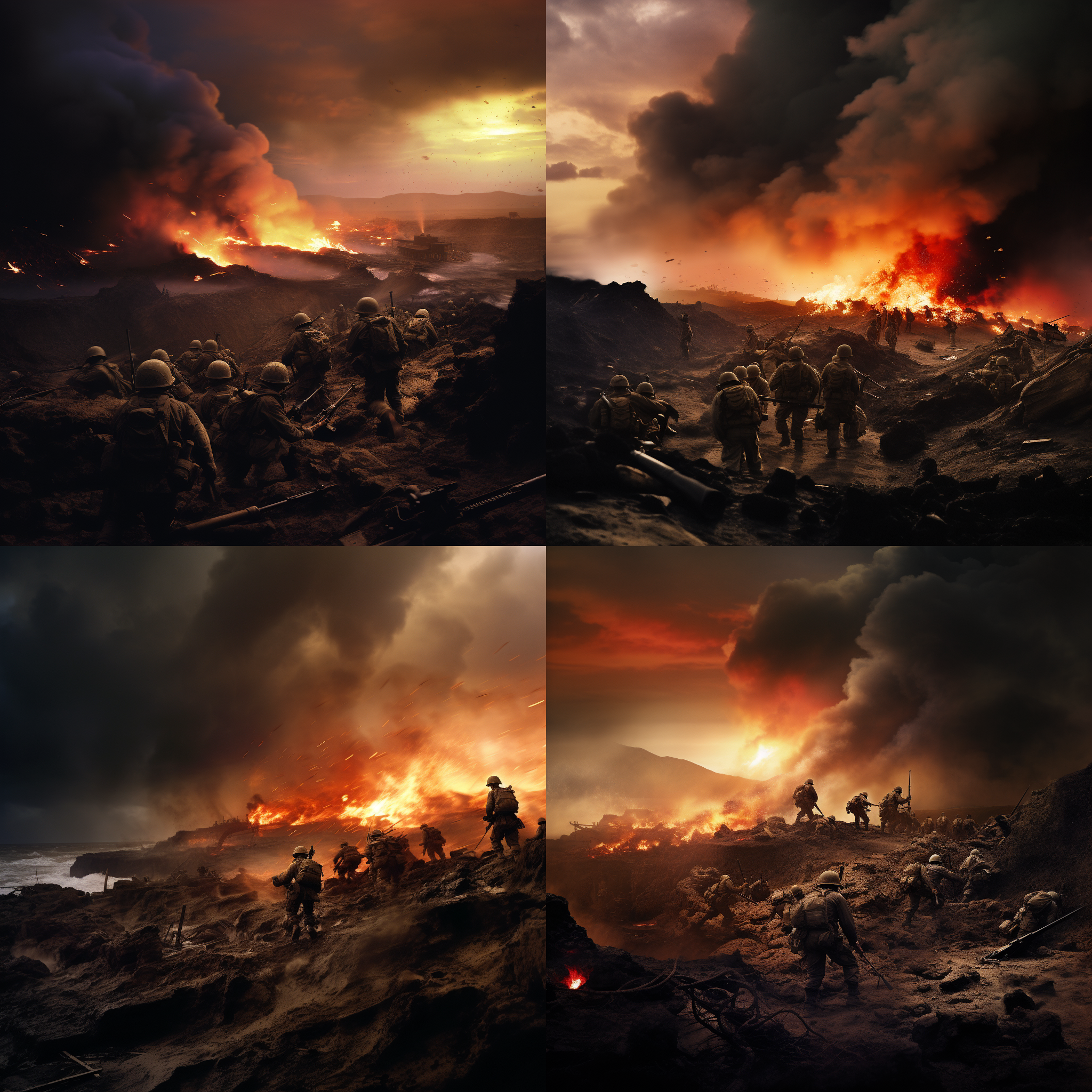 硫磺岛战役，夕阳下的荒原，浓重硫磺气味，彩色摄影风格，闪光灯照亮前景，广角镜头捕捉整个岛屿景色，士兵们奋勇向前，火焰与硝烟弥漫。