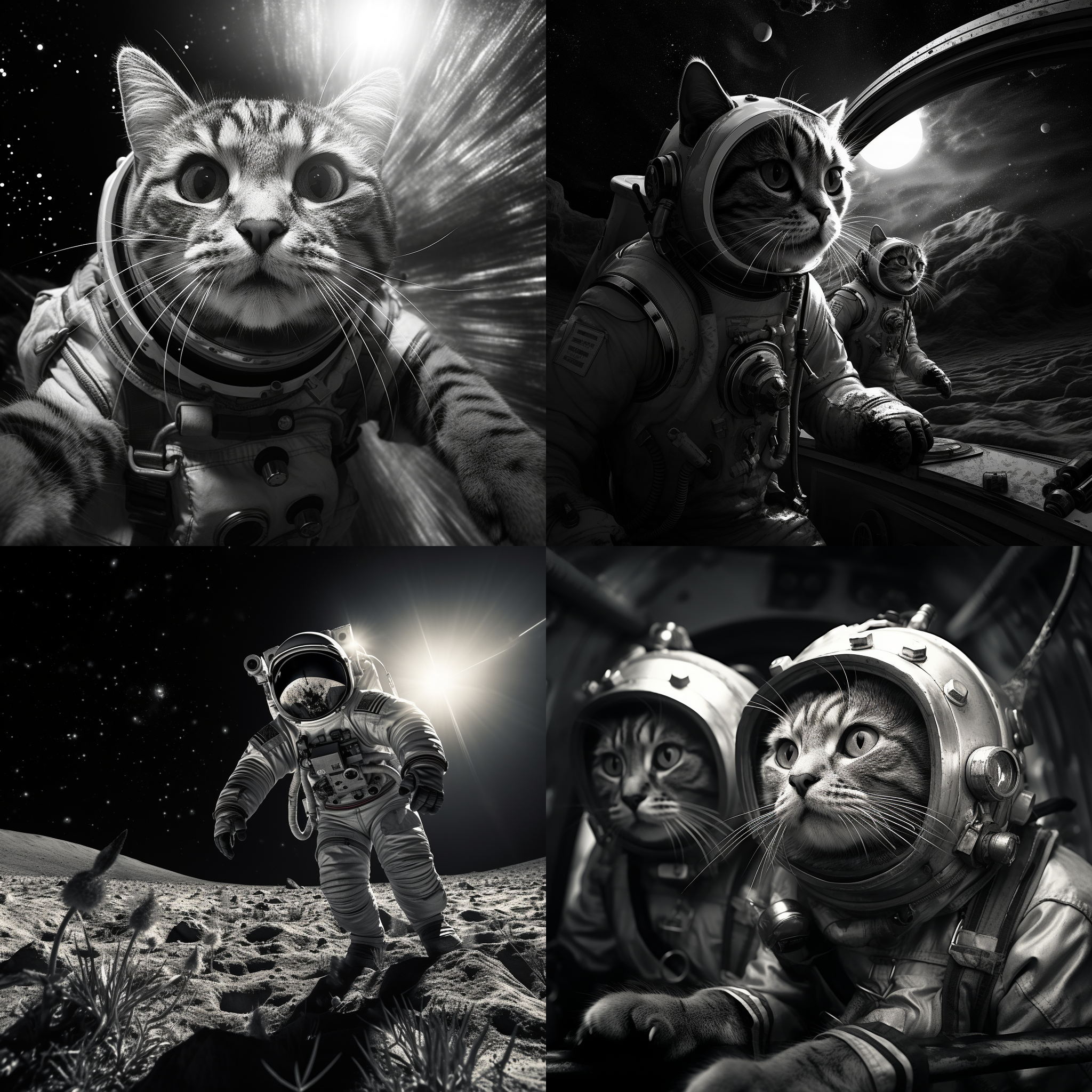 宇航员骑猫，背景是月球表面，逆光拍摄，广角镜头，高对比度，黑白风格，动作流畅，猫尾巴飘扬，表情严肃，神秘感。