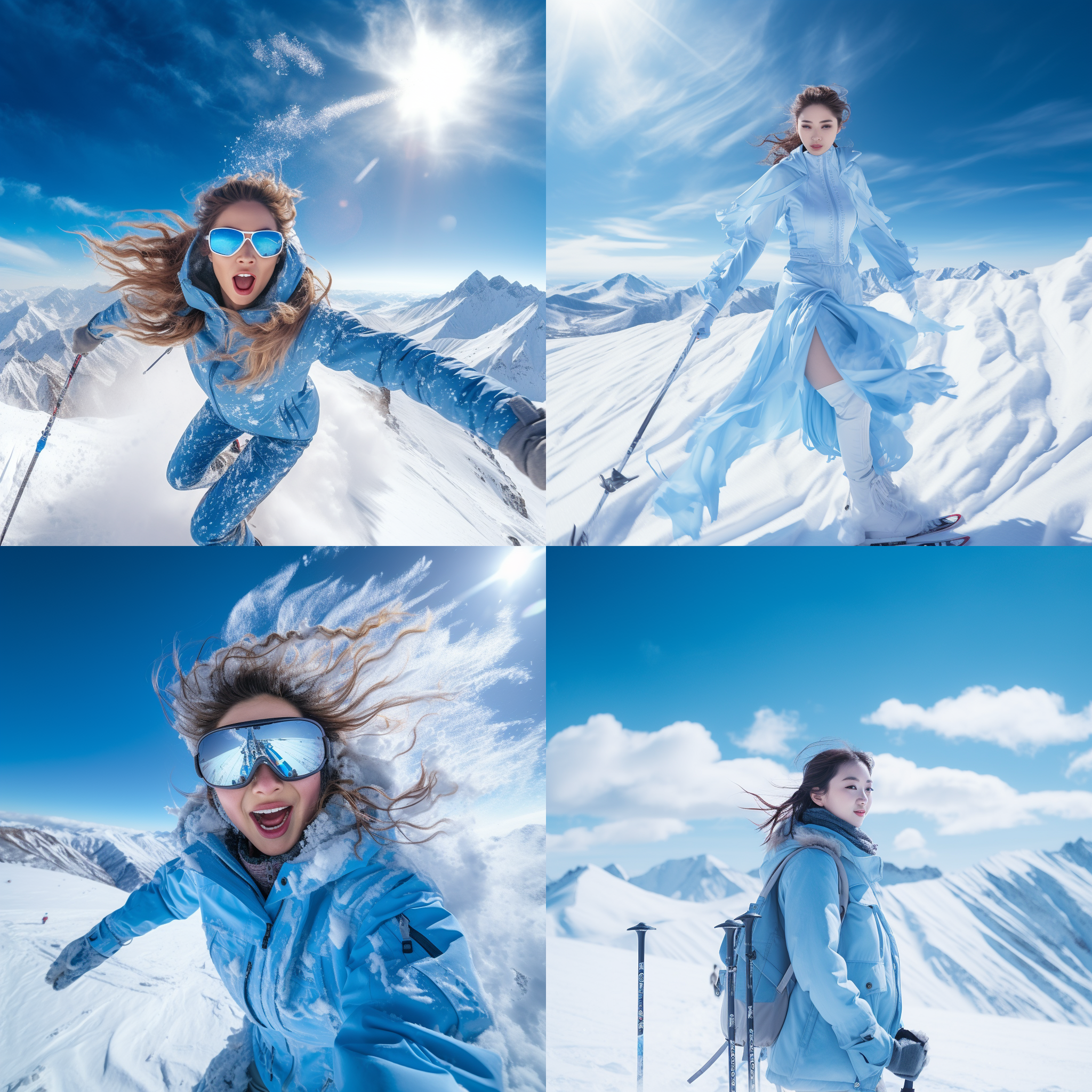 美少女在吉林长白山自由滑雪，大胆构图，雪山背景，流线型姿势，极限体验，广角镜头，高速快门，动感冻结，蓝色调，兴奋。