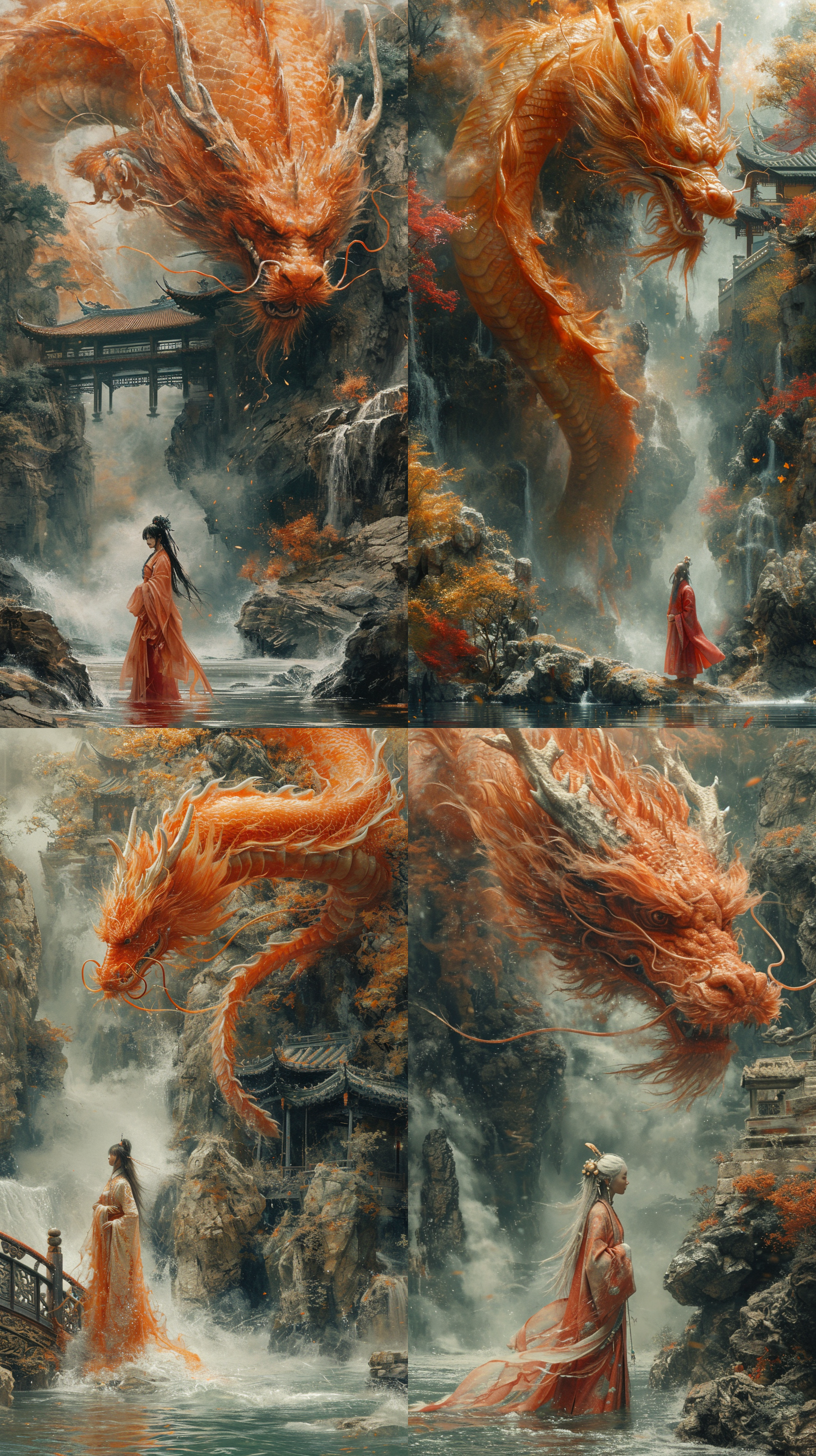 a chinese woman is in a river with an orange dragon above a bridge, in the style of epic fantasy scenes, red and aquamarine, realist detail, ingrid baars, heather theurer, interactive artwork, animated gifs