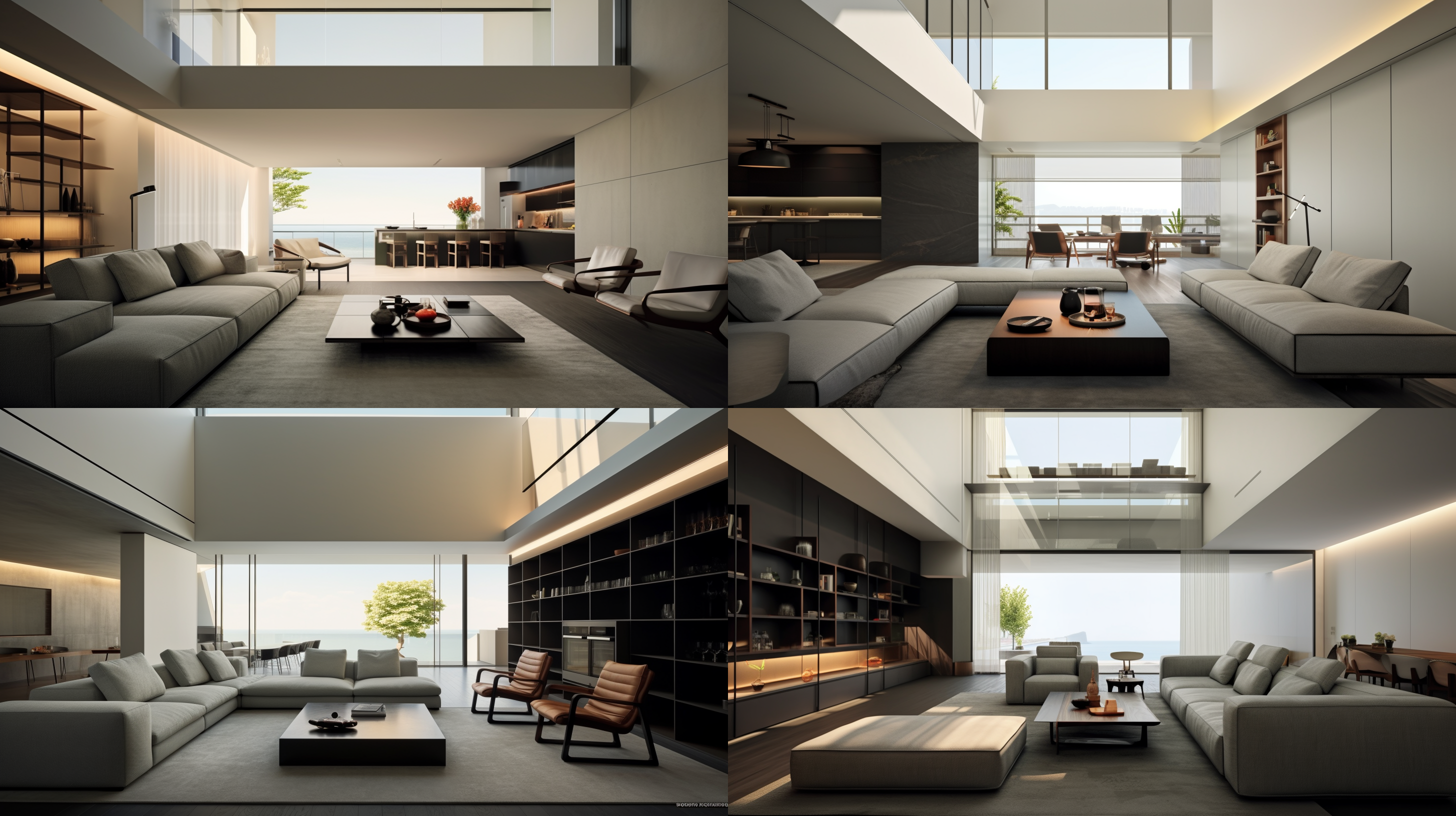 现代简约大平层，大面落地海景，意式奢华，灰色地面，客户沙发对坐，有导台酒柜。宽广视角，明亮的自然光线，高清晰度，细腻纹理，舒适的氛围，温暖色调，家庭聚会，放松。
