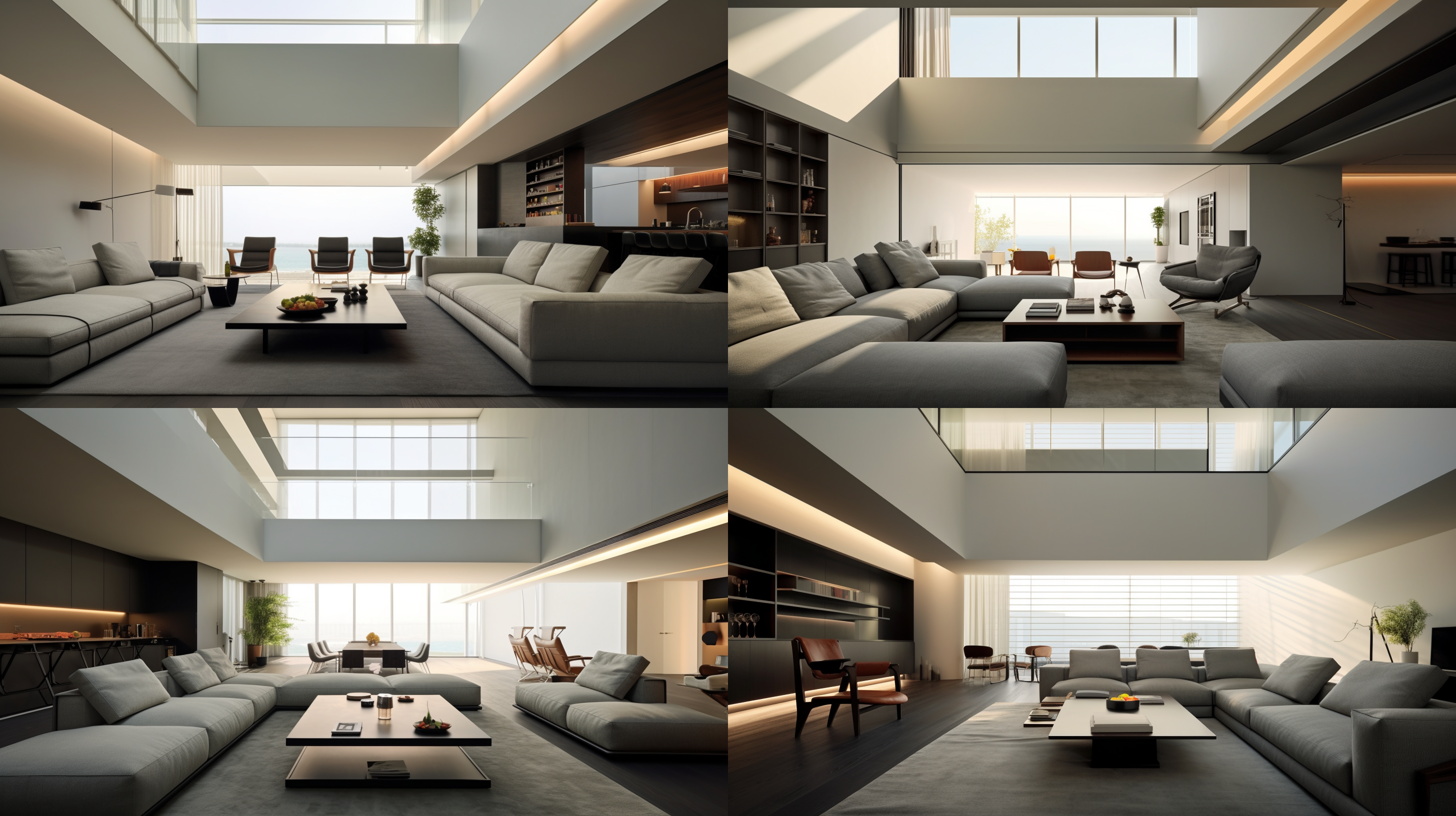 现代简约大平层，大面落地海景，意式奢华，灰色地面，客户沙发对坐，有导台酒柜。宽广视角，明亮的自然光线，高清晰度，细腻纹理，舒适的氛围，温暖色调，家庭聚会，放松。