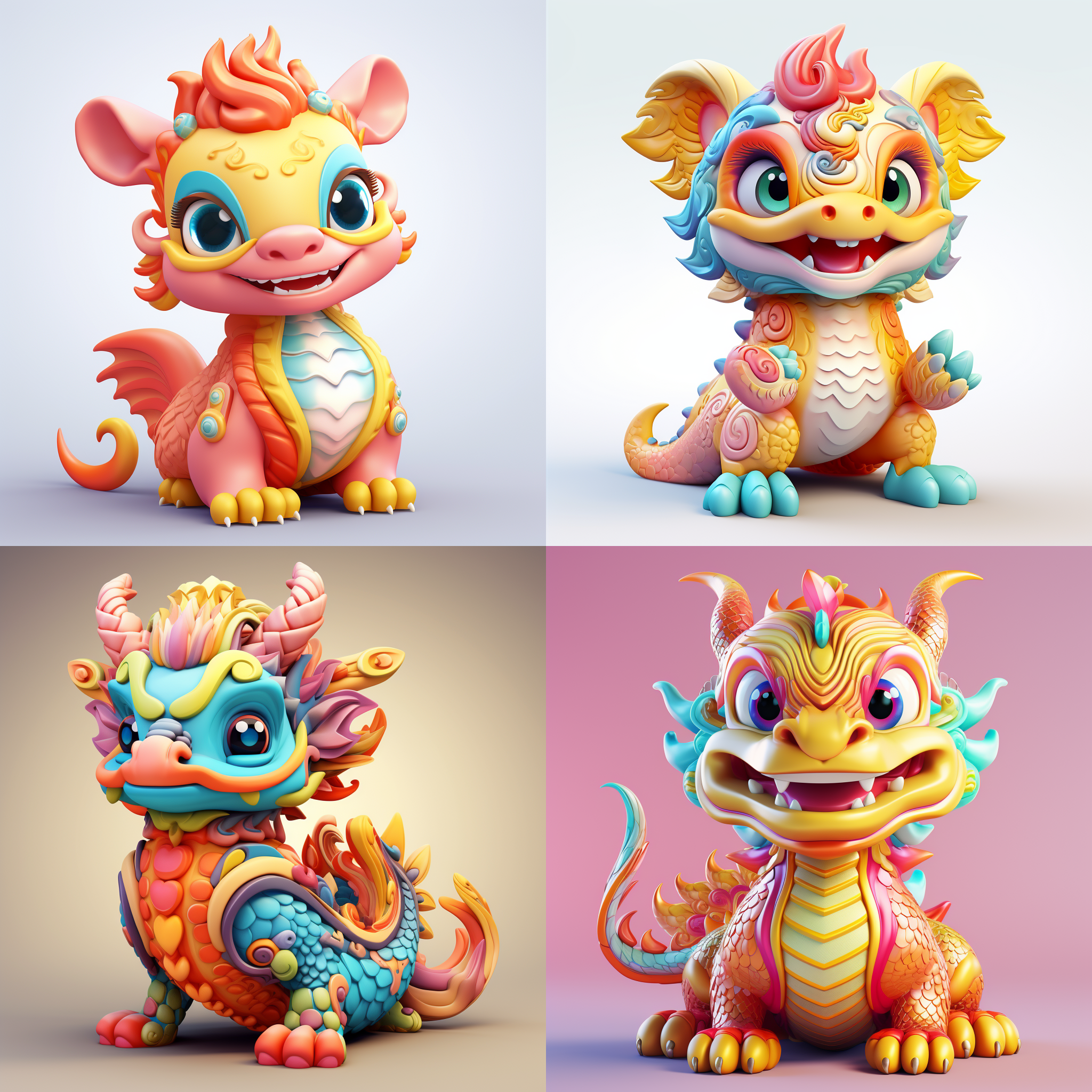 人形卡通龙，活泼可爱，微笑，无背景，喜庆，春节，过年气氛，立体感，明亮色彩，细节丰富，圆润轮廓，渐变色调，幸福快乐，喜庆装饰。