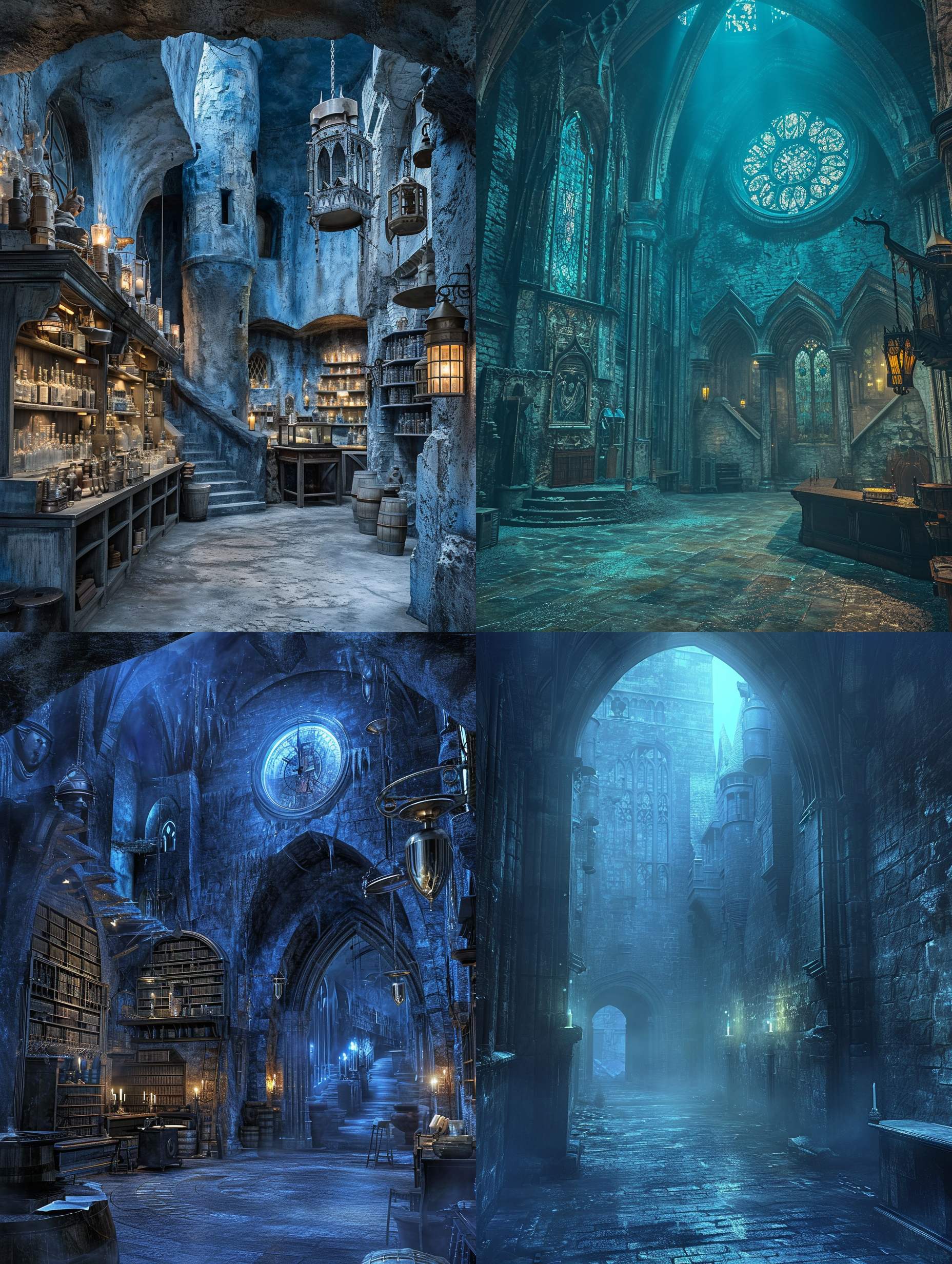 哈利波特魔法学院，神秘的建筑，古老的石头，晨光洒在墙上，细节清晰，巨大的钟楼，蓝色和灰色的色调，广角镜头，迷雾弥漫，朦胧感，令人着迷。 创风格 炼金室 铜 铝合金 皮革 梦幻灯光 电影风格 城堡内部 魔法城堡 电影灯光 环境光 上方射下光 哥特式建筑 吕克贝松