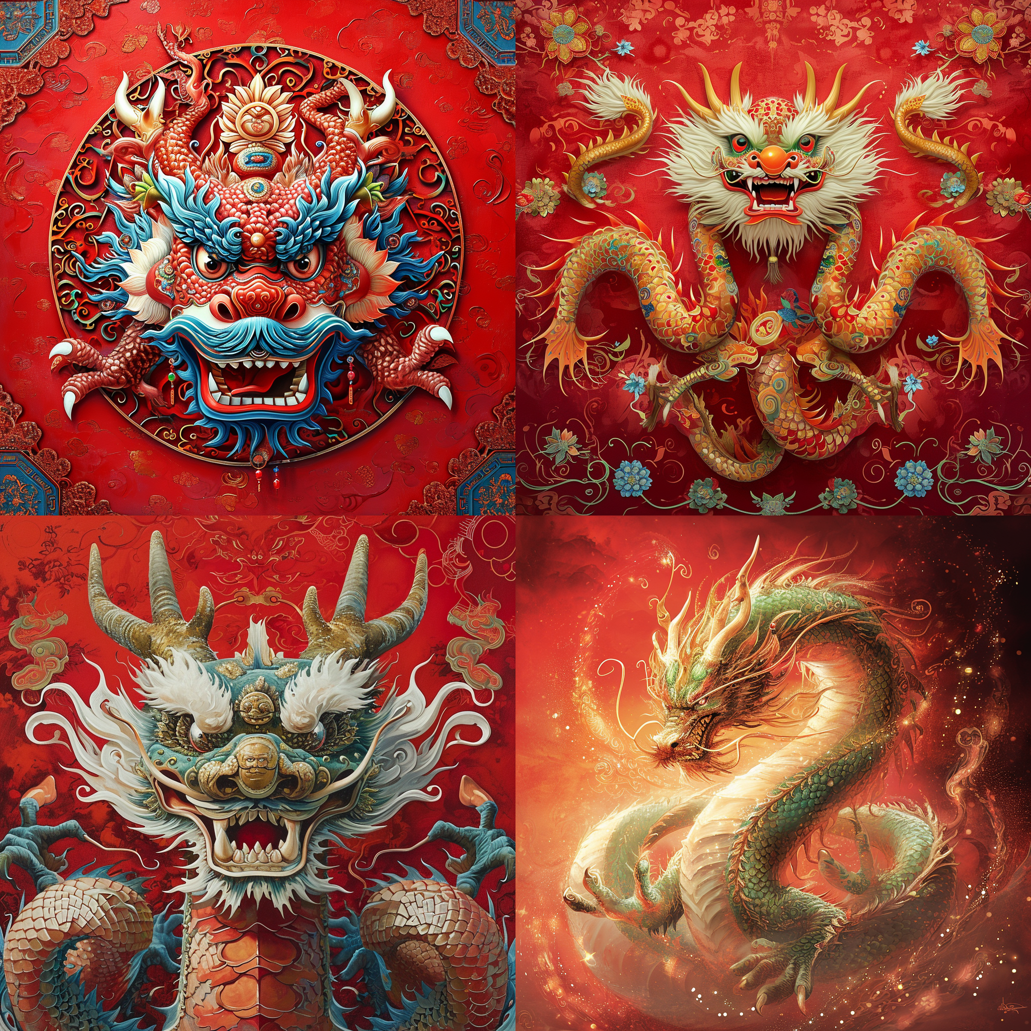 中国龙，红色背景，传统元素装饰，宽广的构图，明亮而柔和的光线，细节丰富，眼神友善，龙的爪子摆出v型，喜庆的颜色，欢乐的氛围。