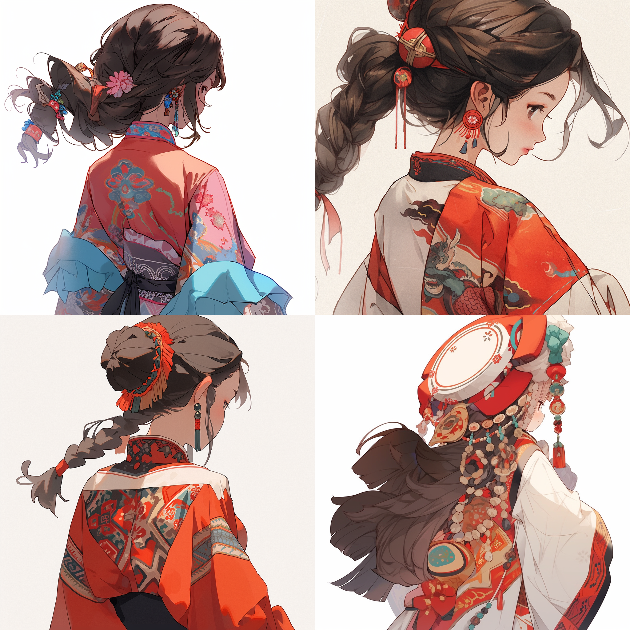 穿着中国民族服饰的卡通女孩背影