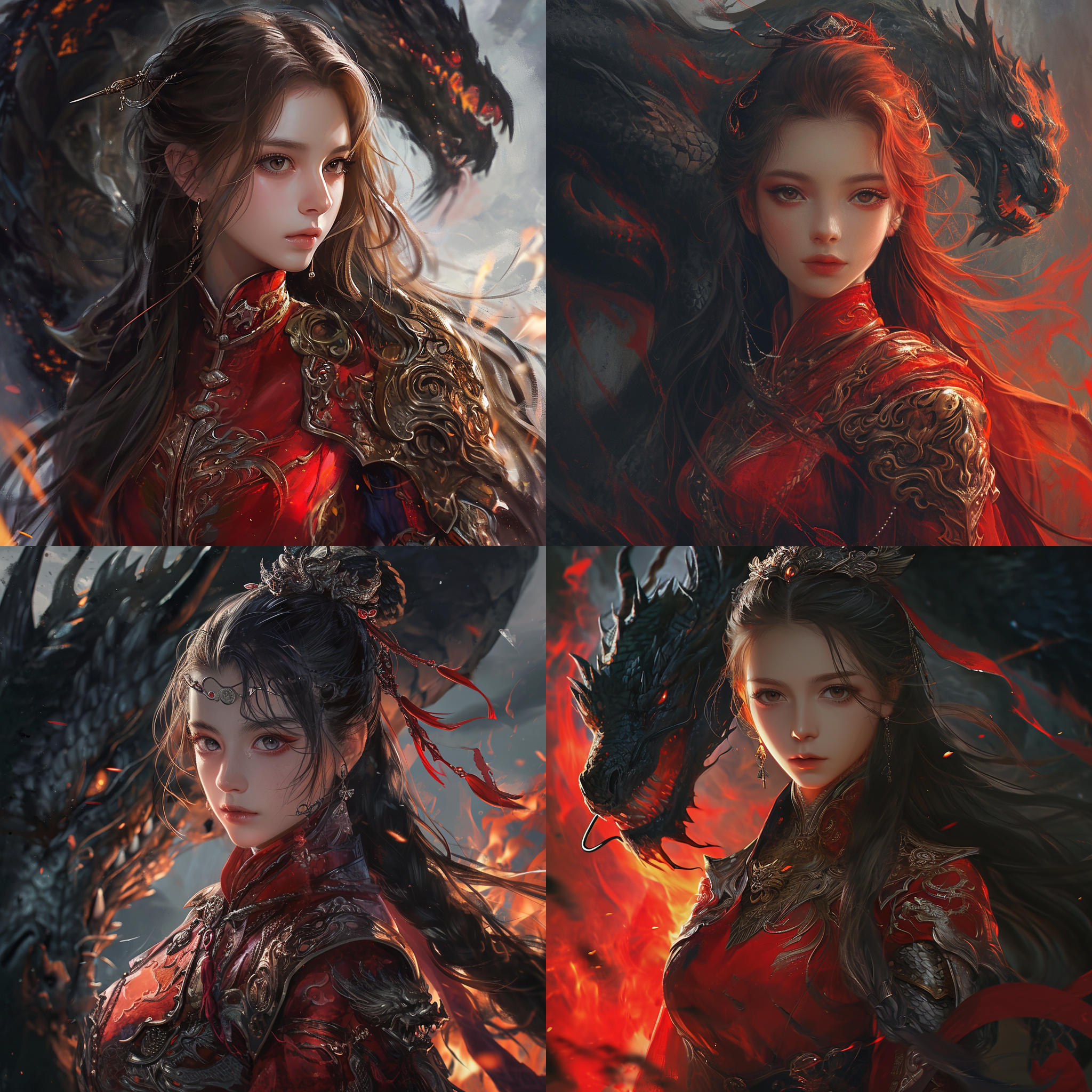 一个少女，身穿红色战甲，火红的长发，面向镜头，半身，低视角，坚毅的眼神，背景是黑色巨龙，中国龙，盘绕，二次元，极致的细节，8k，