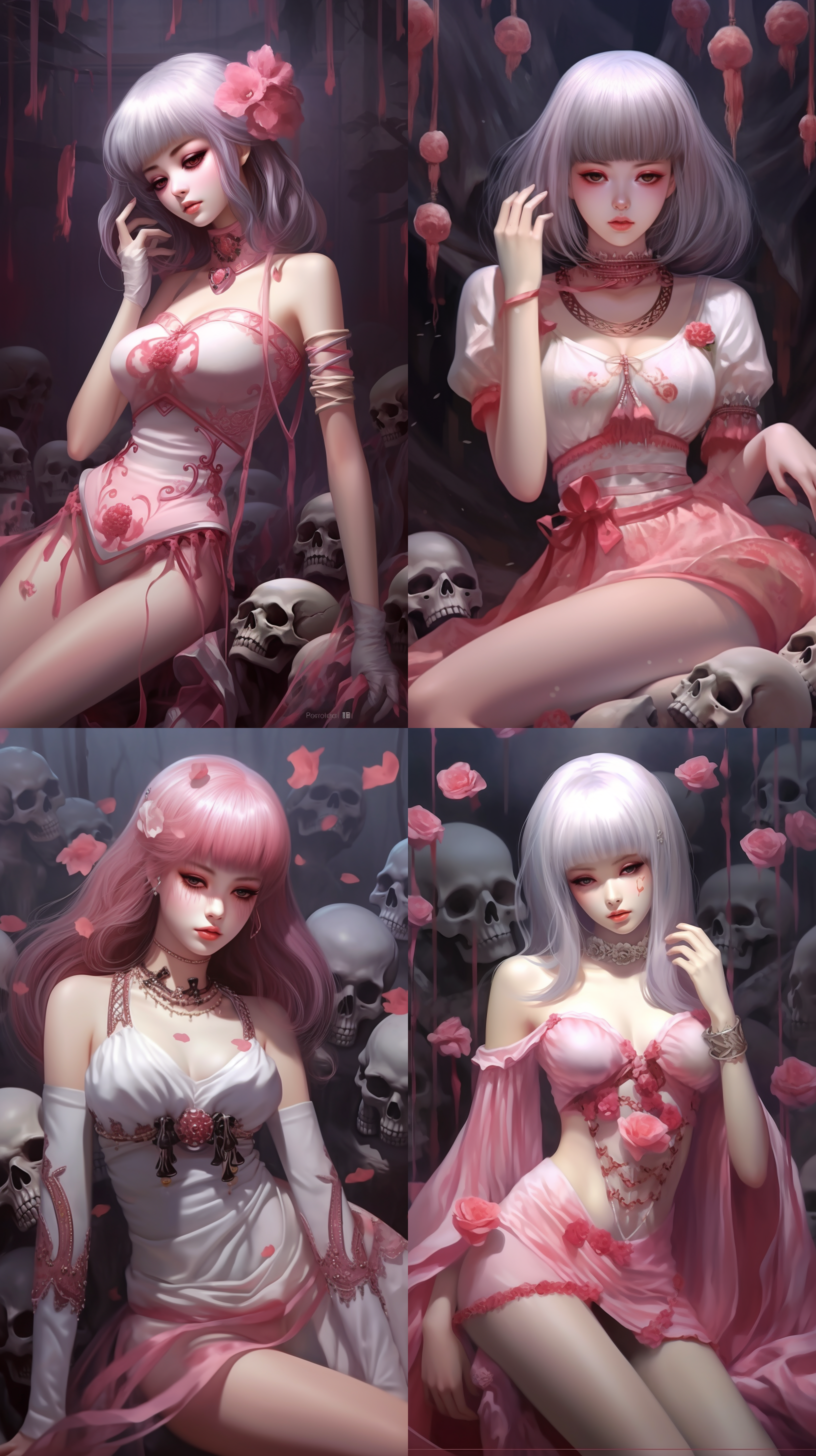 a woman in pink is surrounded by skeletons and skulls, with a pink hair and makeup on her face, a detailed painting, aestheticism, anime, ai-mitsu