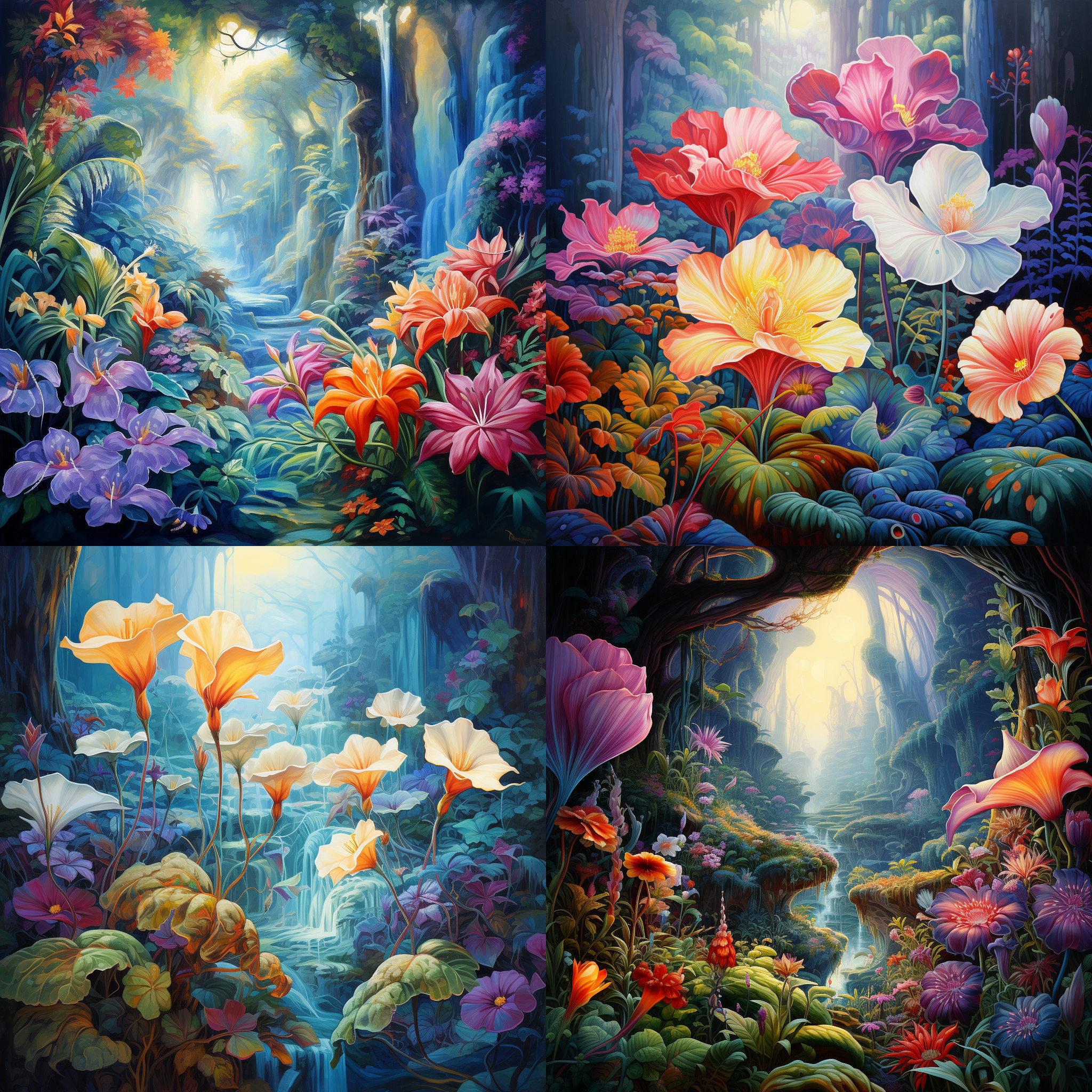 奇幻花朵，悬崖边，特写视图，高品质，超级细节，大叶子，clear 花瓣，5颜6色，奇幻风格，色彩丰富，鲜艳亮丽，迷人，神秘，仙境般的氛围。 