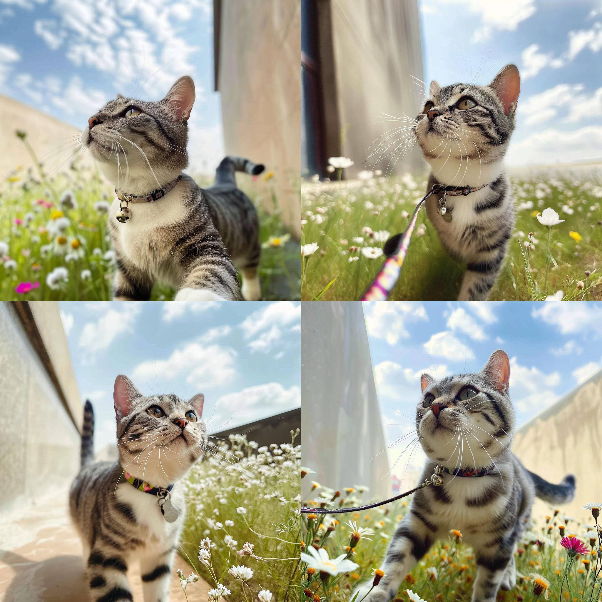 一只可爱的有矮脚基因的美国短毛猫在广阔无垠毛茸茸的草地上欢快奔跑，草地上零星有五颜六色的小野花，天空晴朗，白云朵朵，广角镜头，细节处理