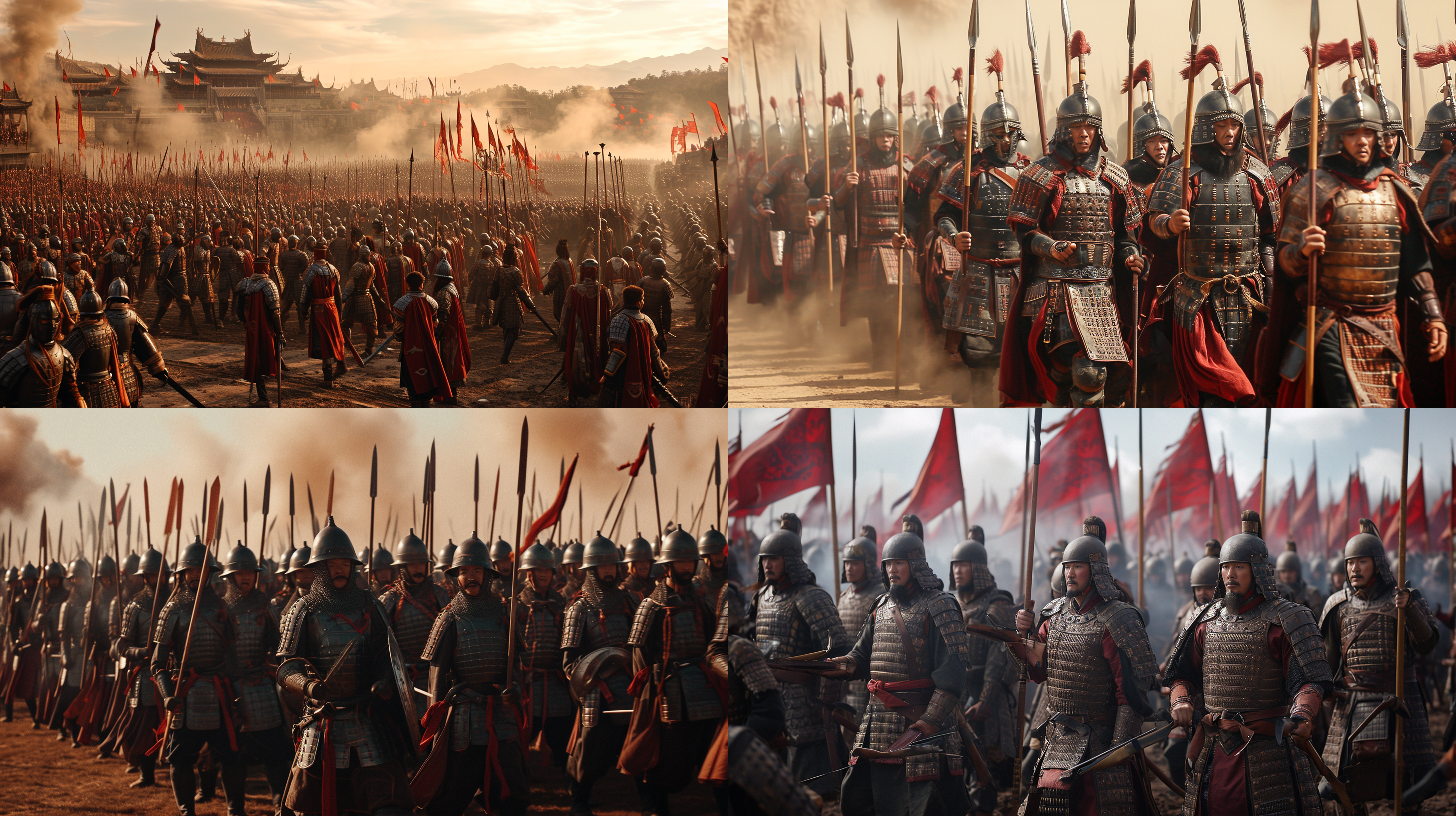 大唐军队战争场面，展示明光铠和陌刀队，超高精细度（4k），古代风格，壮观景象，广角镜头，对角线构图，鲜艳色彩，烟雾弥漫，激烈动作，紧张气氛。
