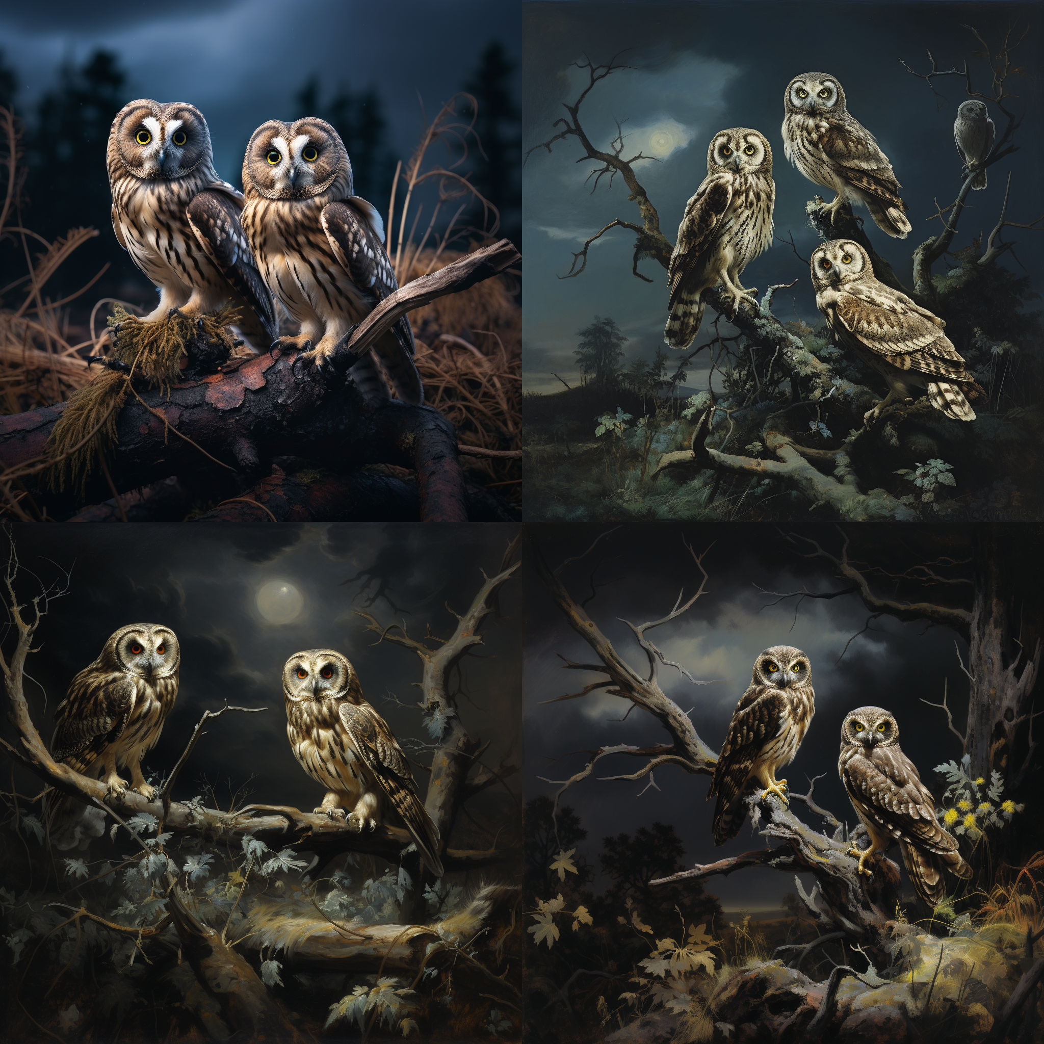 短耳鸮吃蛇，黑暗环境，站树枝上，