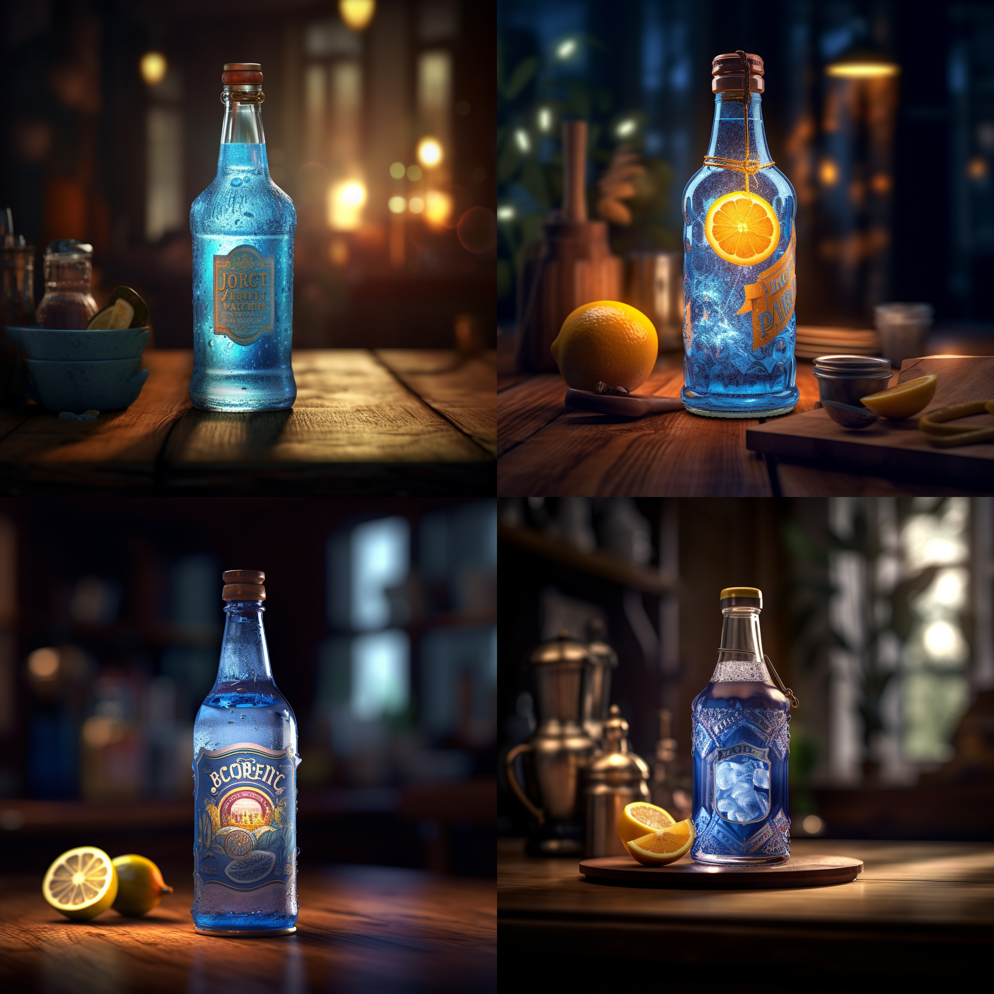 果汁瓶在木桌上，欧式手绘包装，蓝色主题，柔和光线，浅景深，细节丰富，水滴和冰块，清新感，自然元素，温暖色调，诱人。