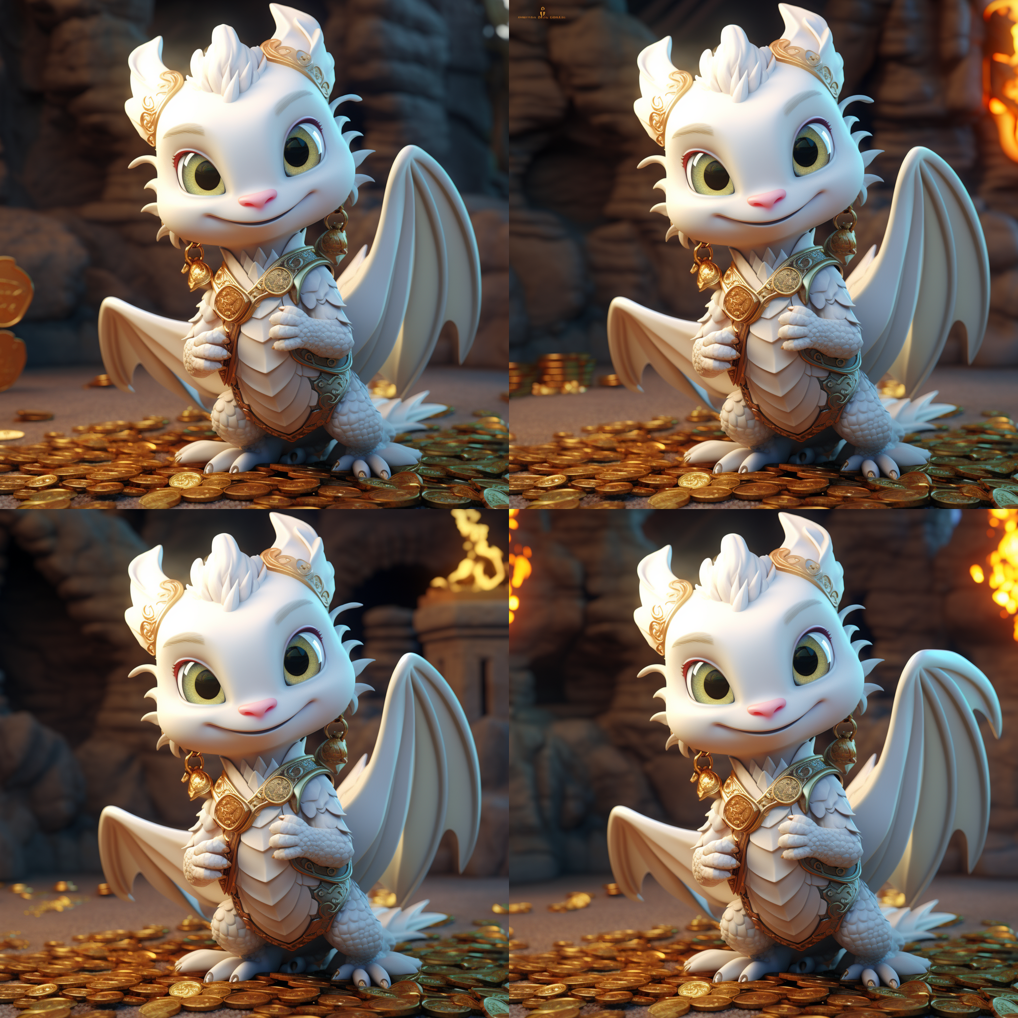 白色汉服装扮的人形小龙，可爱动人，手持金币，地面上铺满金币，大眼睛，中国文化，zbrush，全身肖像，精细细节，电影般的照明，精致细节，octane渲染，8k，皮克斯风格，9:16纵向构图。 卡通 三维 色度风格