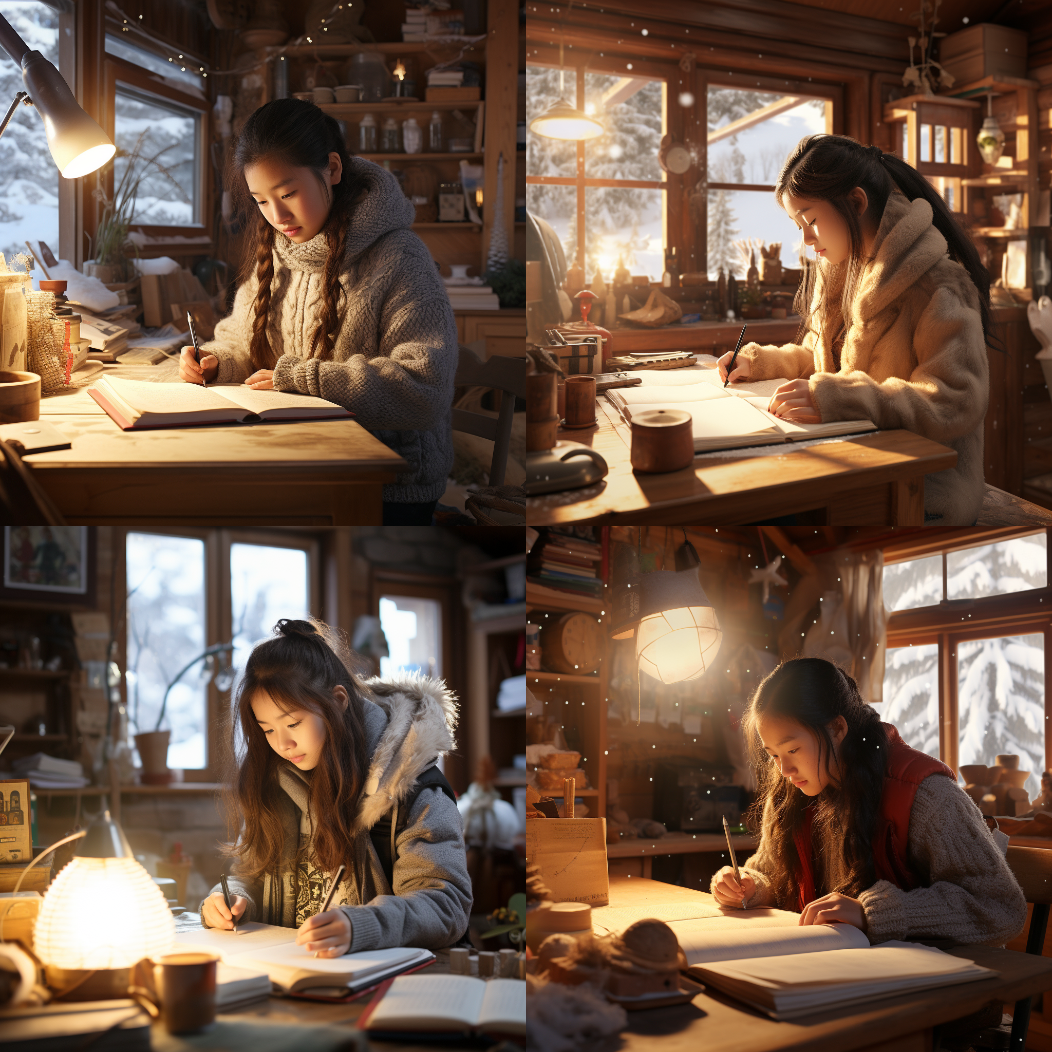 木房子，冬天，有雪，火炉，温暖，自然光，广角镜头，居家风格，舒适，安静，朴实，冷色调，宁静。中国初中女孩在桌子上写作业，笔记本打开，专注，思考，温暖的灯光洒落在她的脸上，表情认真。