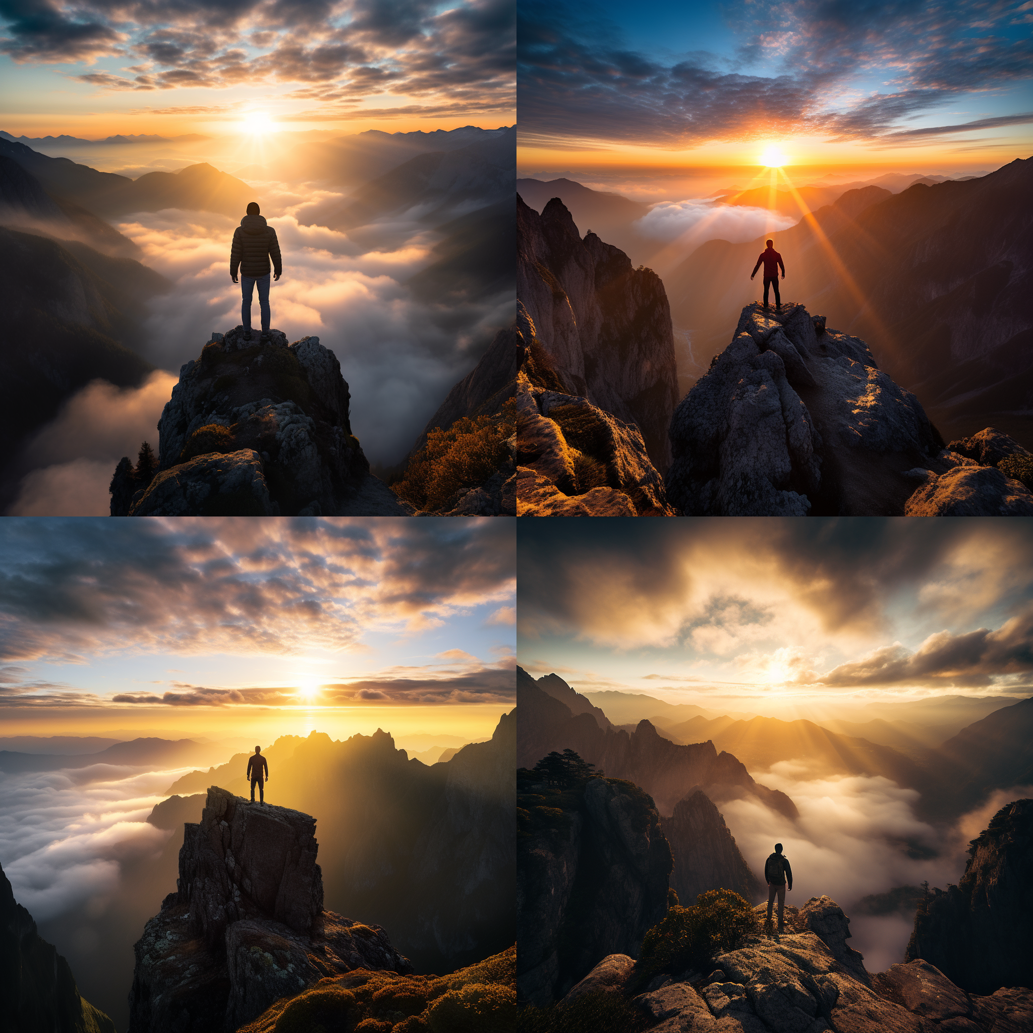 一个男子站在悬崖边缘，背对着相机，迎接着壮丽的日出。他的轮廓被金色的阳光照亮，大气磅礴的山脉和云海在他前方展开。构图对称，使用长焦镜头捕捉细节，明暗对比强烈，色彩饱满。冒险、自由、勇气、宏伟。