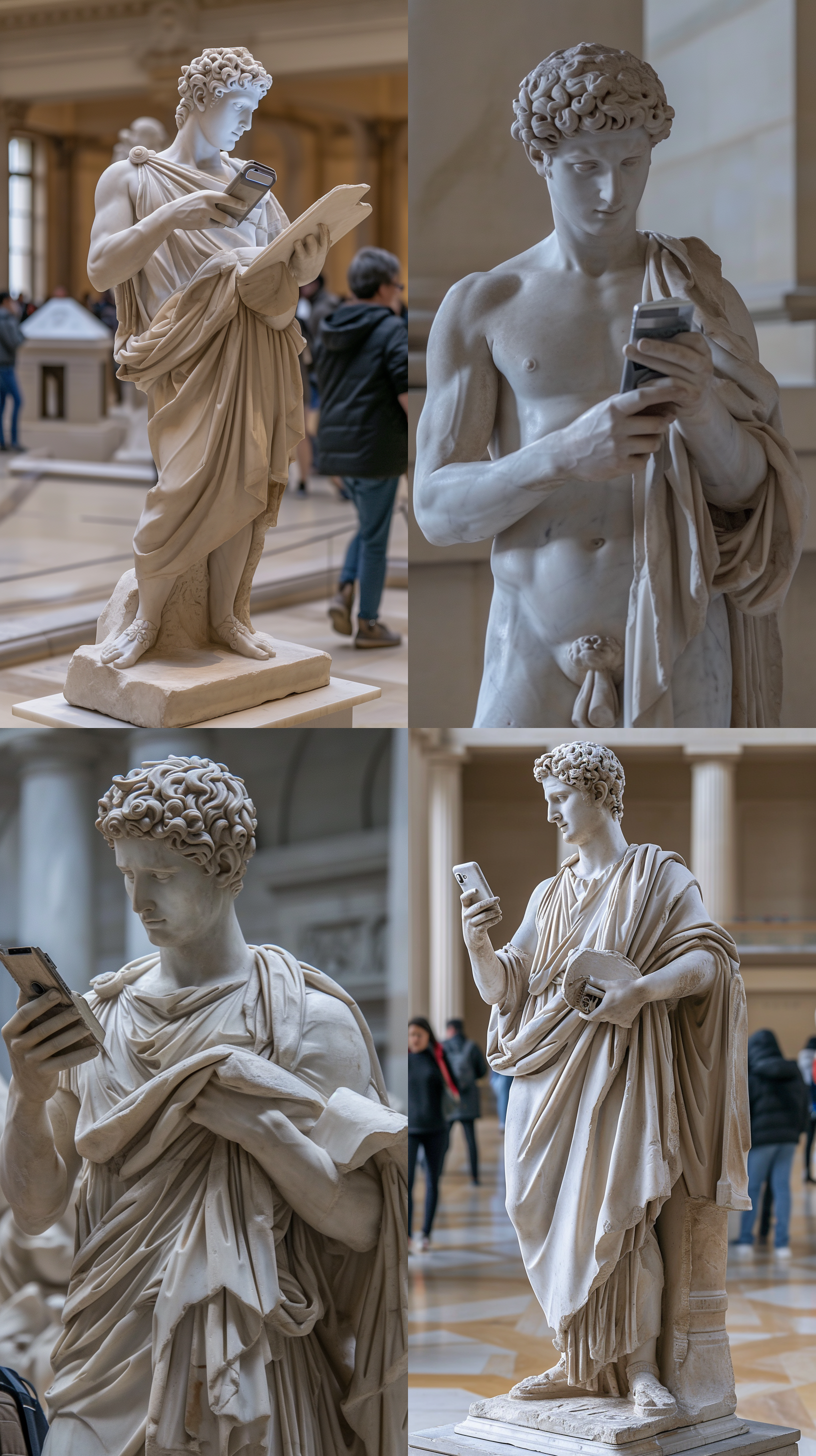 古希腊雕塑风格，一位男子手持手机，专心阅读，汉白玉材质，背景是卢浮宫展厅