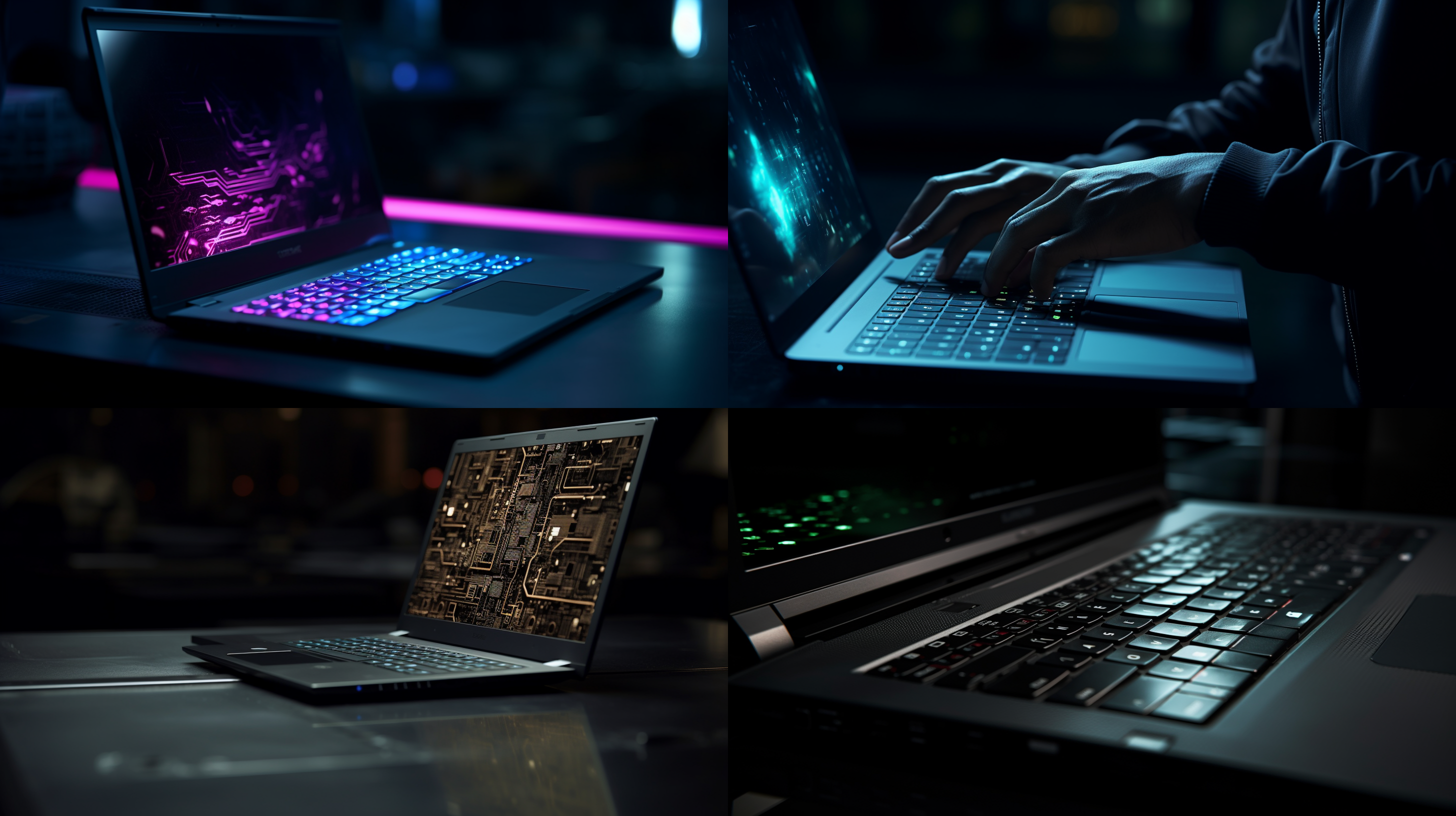 桌面上的笔记本电脑，以特写镜头呈现。黑背景突出了电脑的细节，并营造出高清、暗色调的氛围。光线自然而柔和，照亮了键盘和屏幕。人物微笑着，展现出灵动和自信的态度。剧烈的动作显示出紧张和充满活力的场景。16k分辨率让图像更加细腻生动。