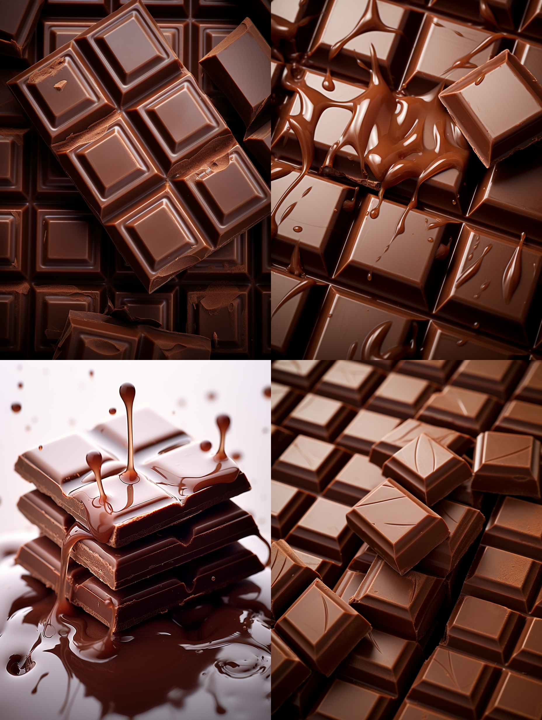 巧克力，方形，丝滑，白色背景，高饱和度，正中布局，微距镜头，柔光，流动，诱人，浓郁。
