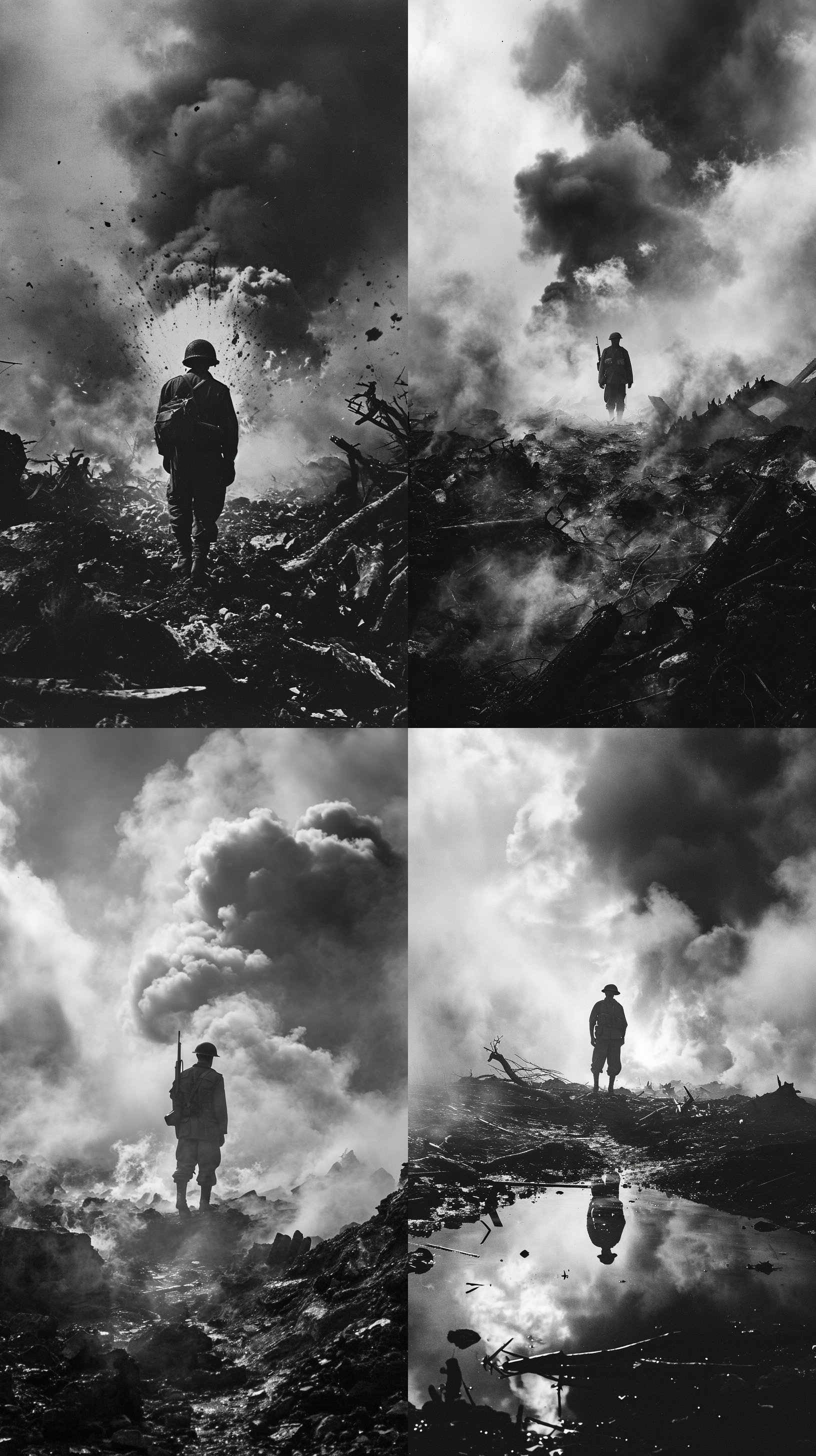 二战，烟雾弥漫的战场上，一名士兵孤独地站在废墟之中。画面构图对称，风格黑白沉重，广角镜头捕捉到战争的残酷景象。阴影和高光形成强烈对比，突出士兵的坚毅表情。背景中爆炸火光映衬着他的身影，彰显战争的残酷与绝望。战争，痛苦，奋斗，忍耐，勇气。