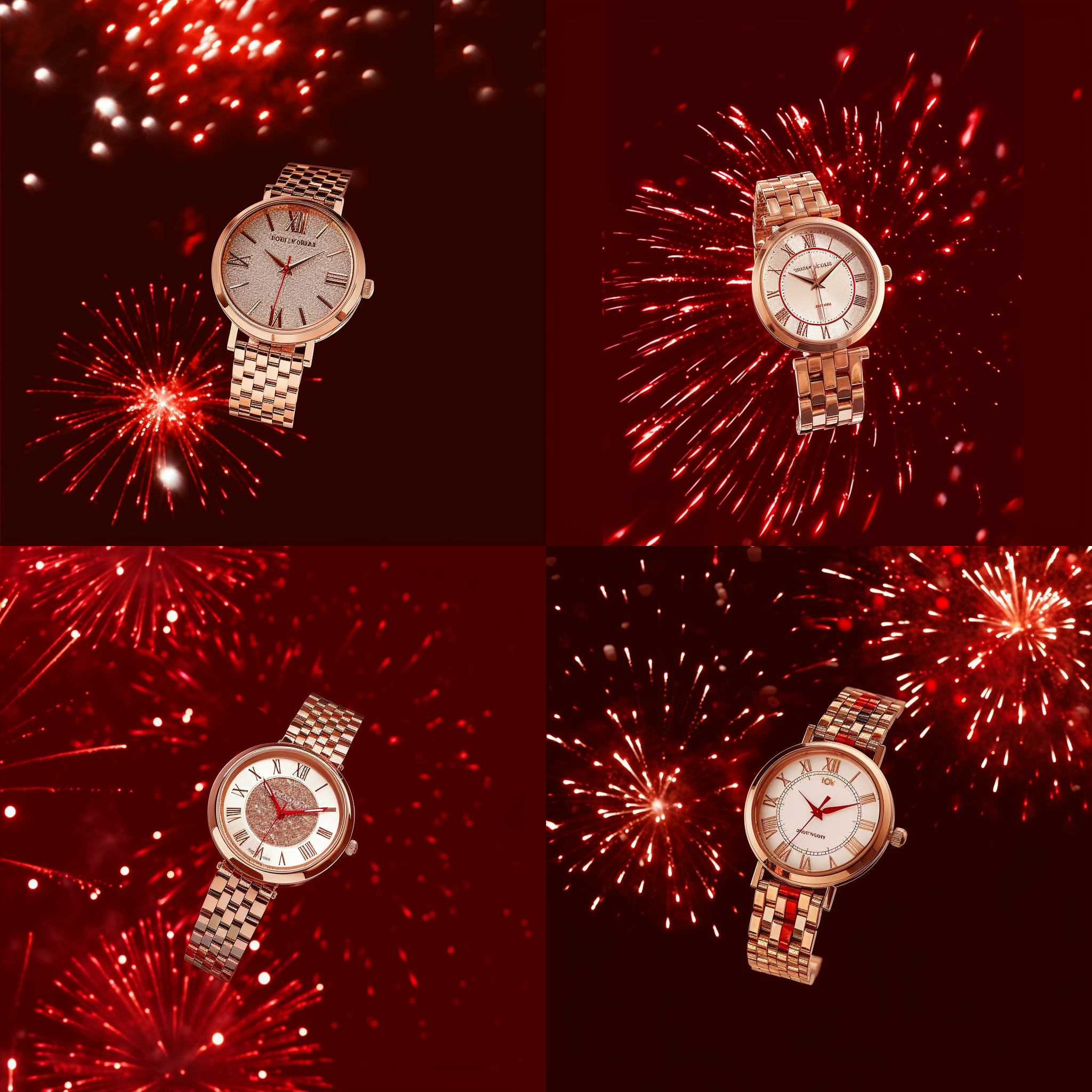 金色手表，圆形光晕，亮片，金色烟花背景，空间感，对比，极简，虚拟艺术，红色背景，高光，锐利，华丽，奢华，时尚，闪耀，动态，魅力。