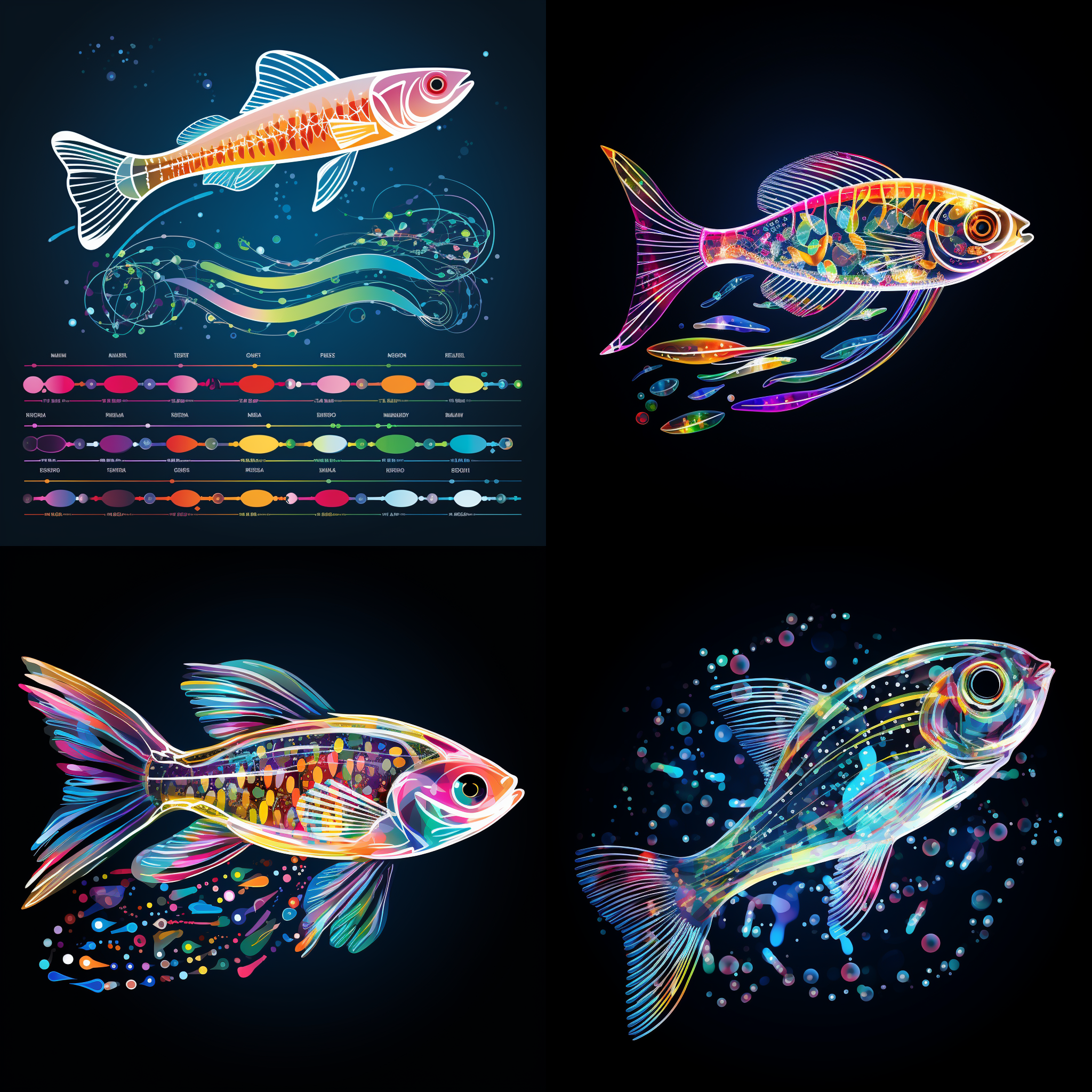 斑马鱼的应用范围轴线图，环境毒性测试，发育生物学研究，药物筛选，天然药物研究，中药研究，营养保健食品研究，化妆品评价和研究，再生医学，精准医疗，时间推移，多个事件，抽象风格，轴线构图，明亮色彩，细节丰富，科技感。