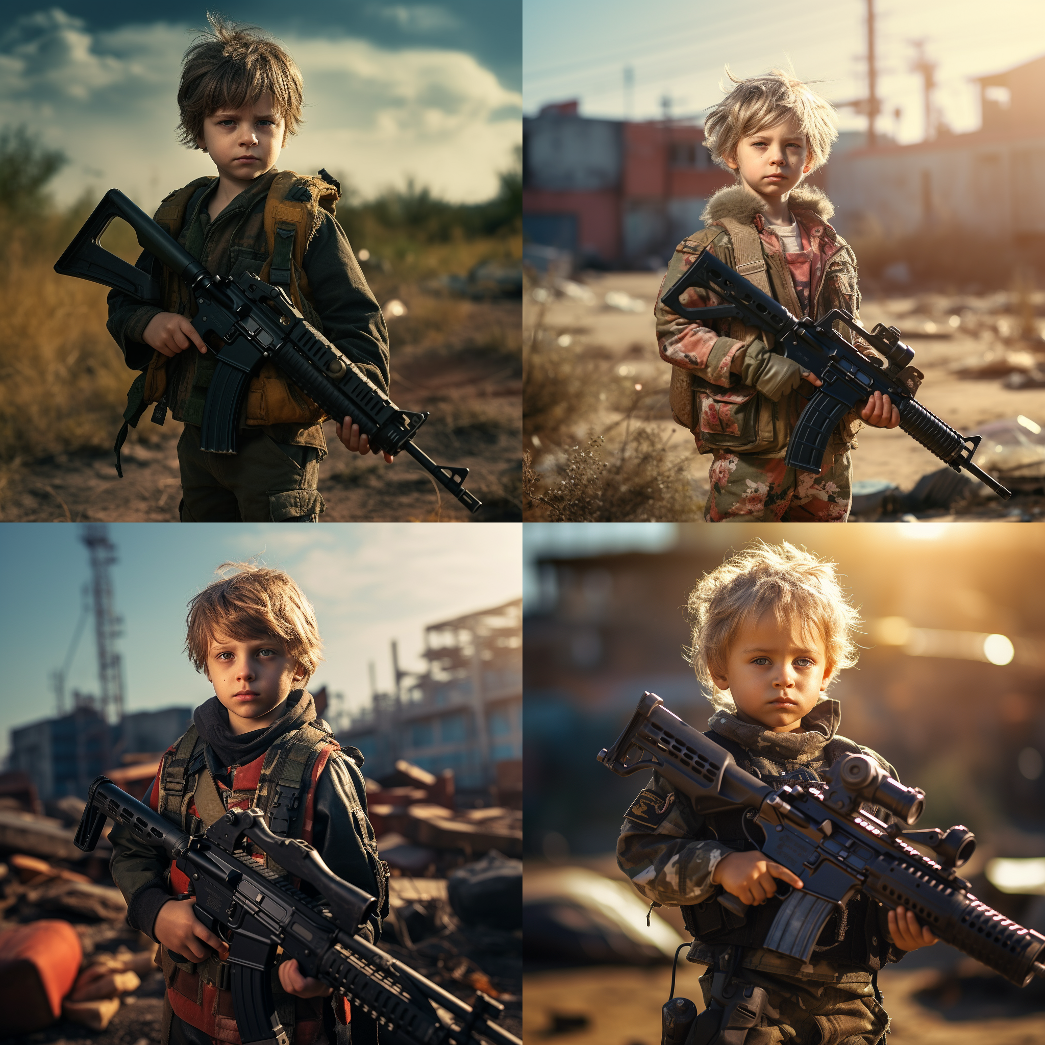 小孩拿着突击步枪，正面，广角镜头，户外环境，明亮的阳光，高饱和度，动作准备，稳定姿势，自信表情，决心。