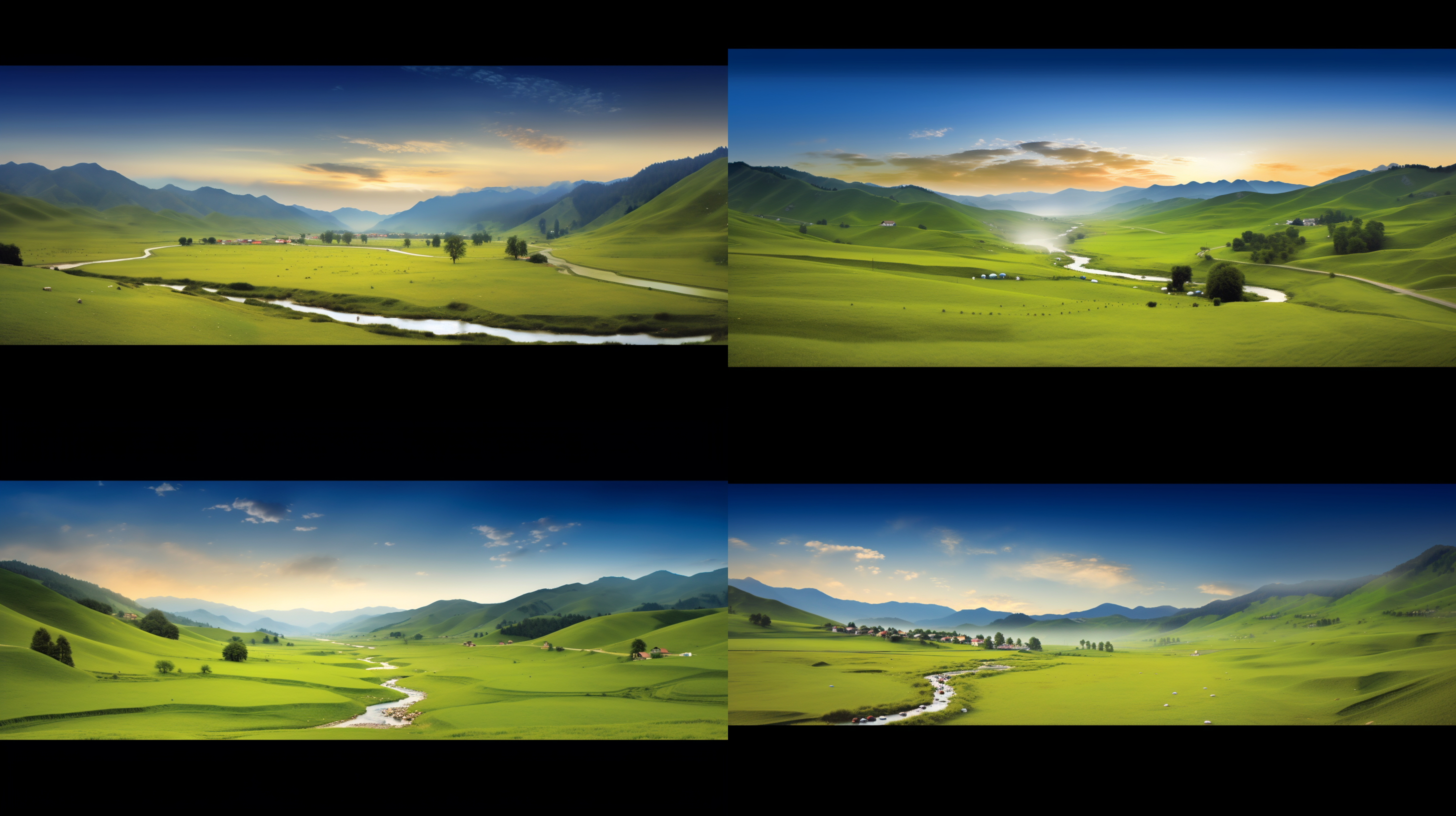 全景草原和山脉，河流穿过草原，房屋依山而建，天空壮阔。全景摄影风格，广角镜头，自然环境，远景，屋舍，草原，山脉，天空，宽广，自然色彩，宁静。