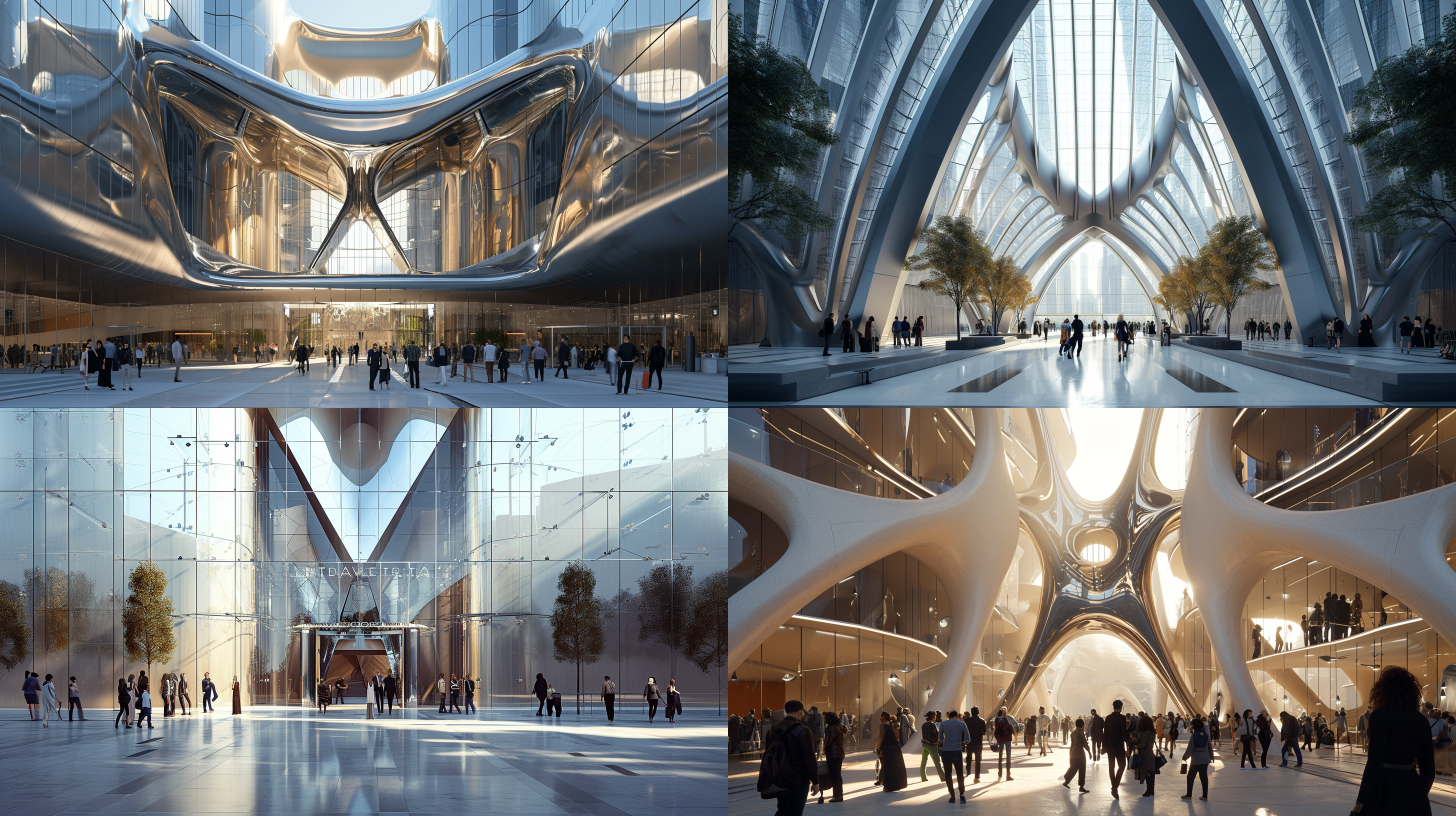 对称的主入口，移轴镜头，有人群，玻璃，钢，华丽的标志，中性，金属的，晴天，城市，现代，宏伟的，扎哈.哈迪德，超细节，v-ray