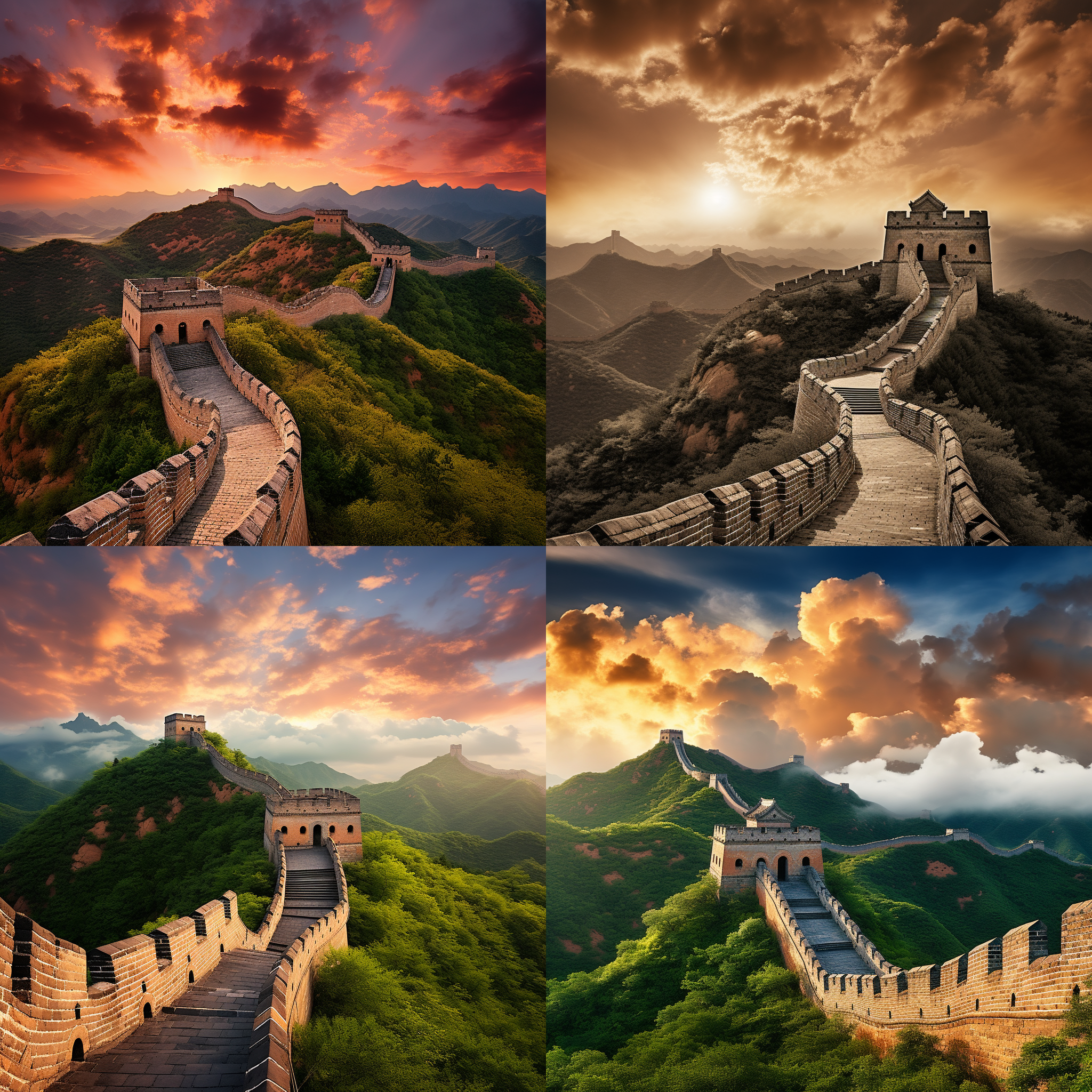 长城，纵贯山脉，巍峨壮丽。远景呈弧线，山顶遥望，云雾缭绕。构图对称，静谧与力量并存。夕阳余晖洒下，温暖色调浸染整个画面。广角镜头捕捉到无尽的边界。人物身穿传统服饰，向前方迈步，表现出决心与勇气。