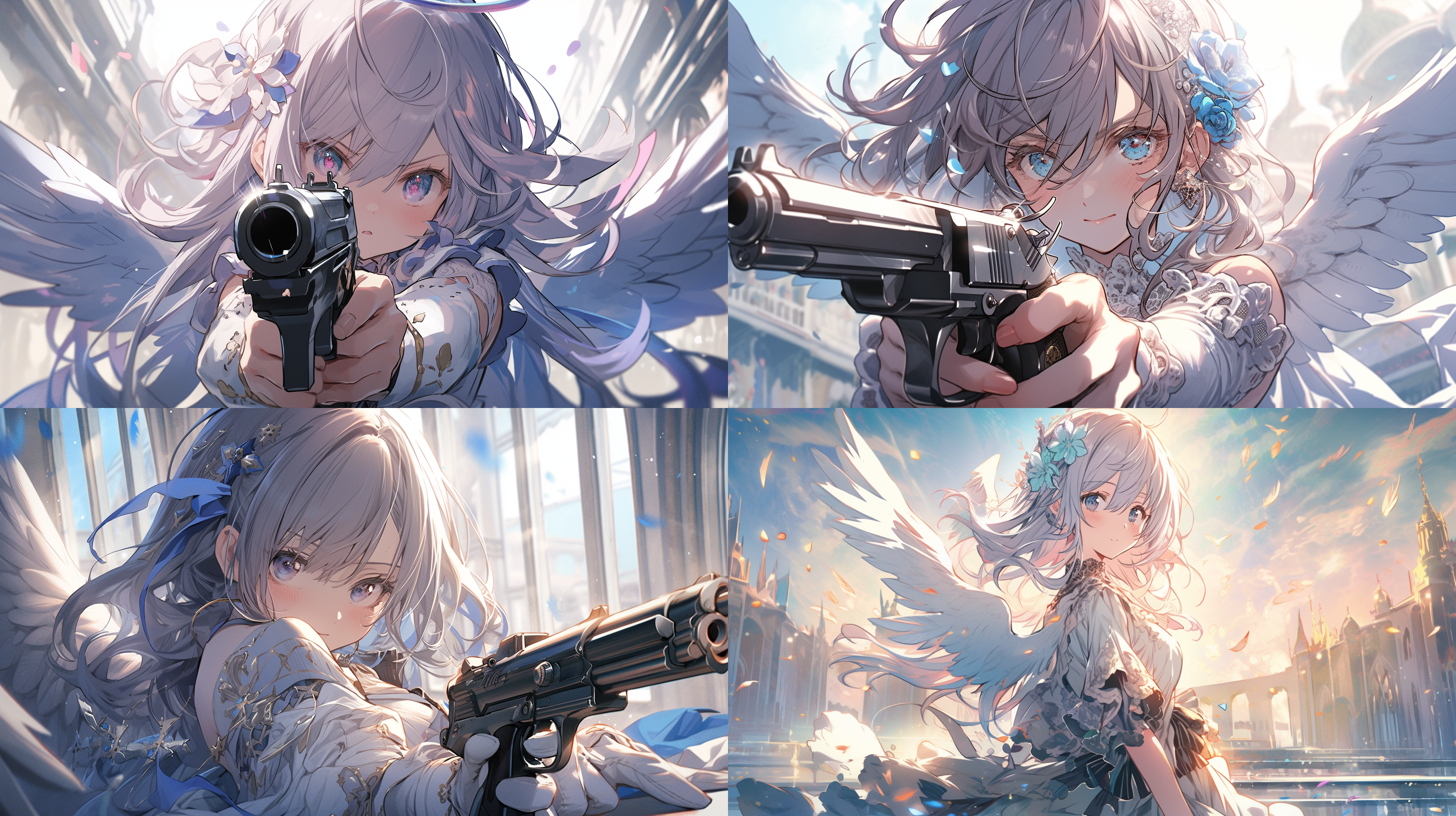 持枪天使，她有天使光环，她背后有紫水晶光翼，穿着琉璃色纱裙，二次元插画，高清图片质量，虚幻引擎渲染。