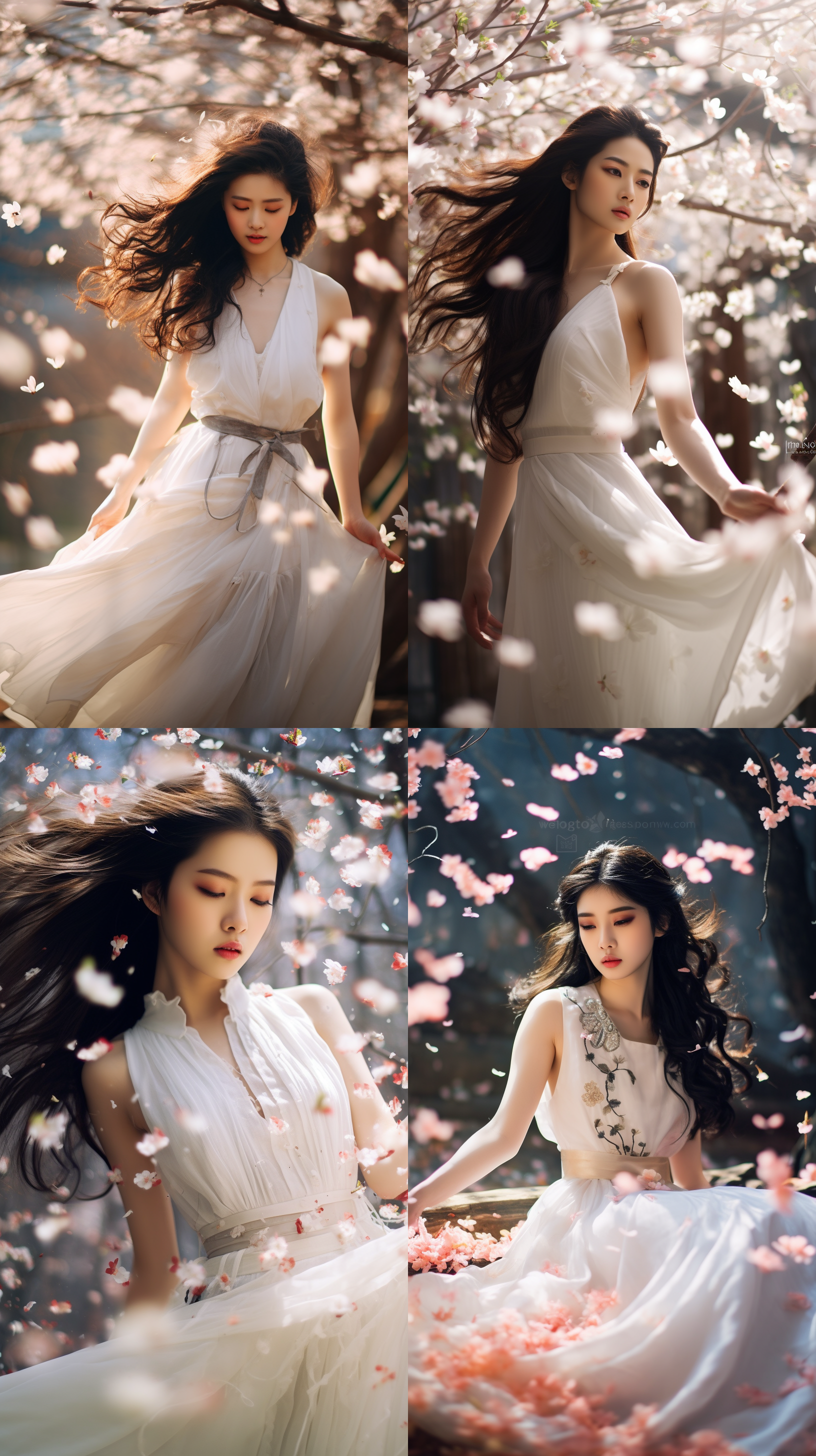 一个漂亮的中国女孩，穿着背心样式的白色长裙，黑色长直发，自然动作，对焦在女孩脸部，场景开满了漫天的樱花，还有不少花瓣掉路在地上，色调唯美自然，快门速度适中，梦幻，唯美，真实，柔和光线
