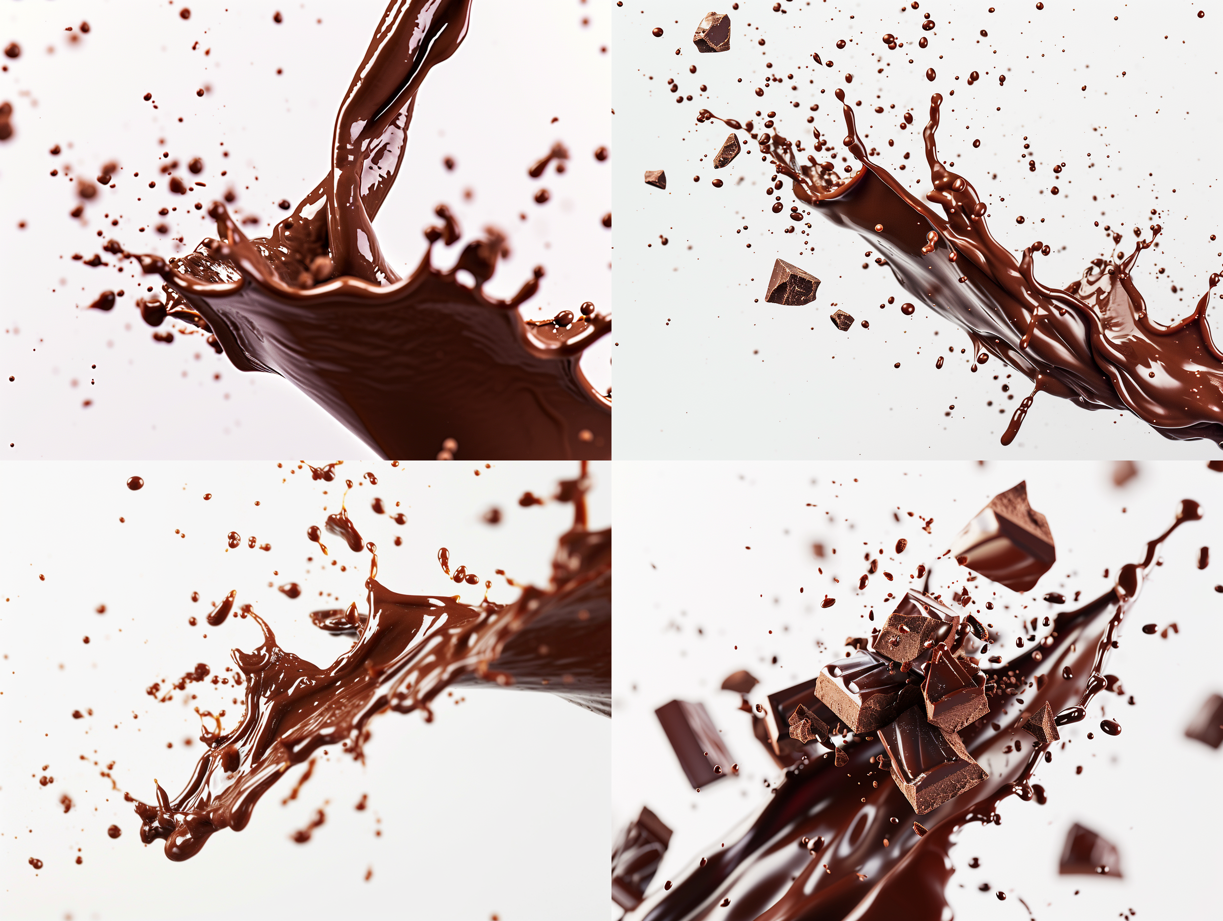 巧克力从空中掉落，白色背景，高速快门，细节丰富，巧克力在空中形成美丽的弧线，透明度高，明亮的照明，暖色调，甜蜜的情感。