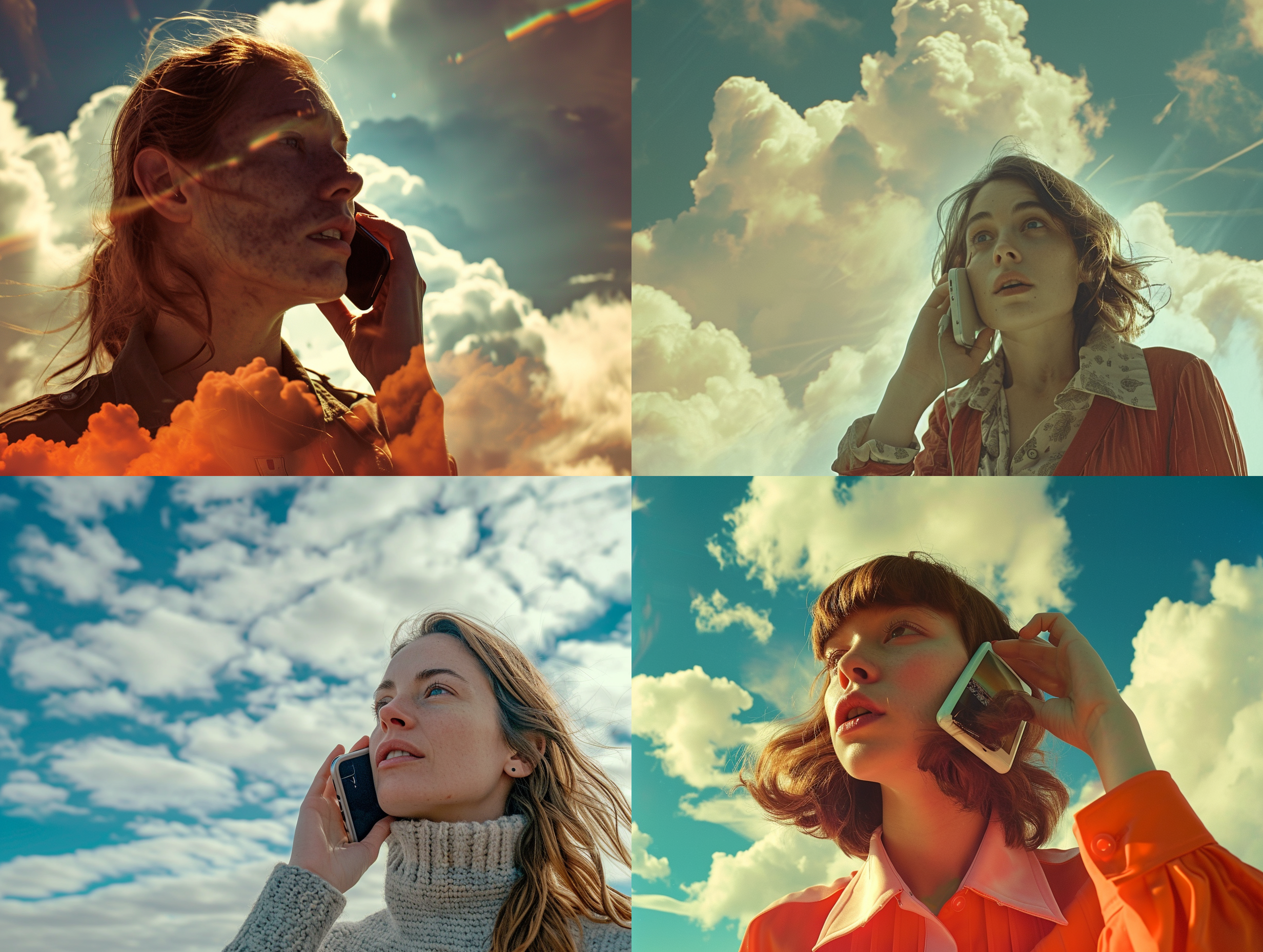 a woman with a cell phone to her ear and a sky background with clouds in the distance, with a sky in the foreground, movie still, a screenshot, adrian zingg, video art