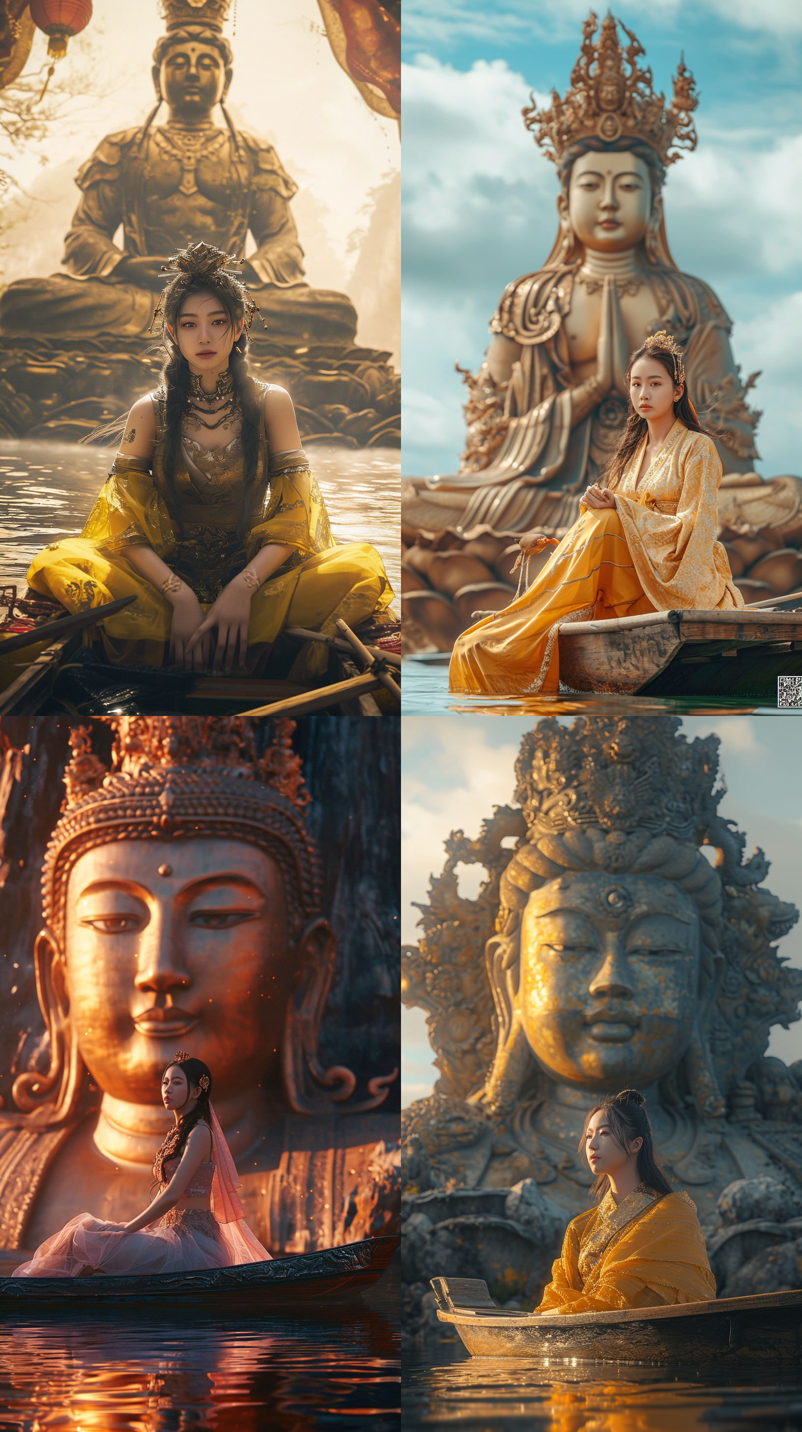 16k画质，超级真实的细节，亚洲年轻的美女，小船上，巨大的神圣雕像前，广角镜头，自然光，水面倒影，细节丰富，崇高，宁静，优雅，金色色调。