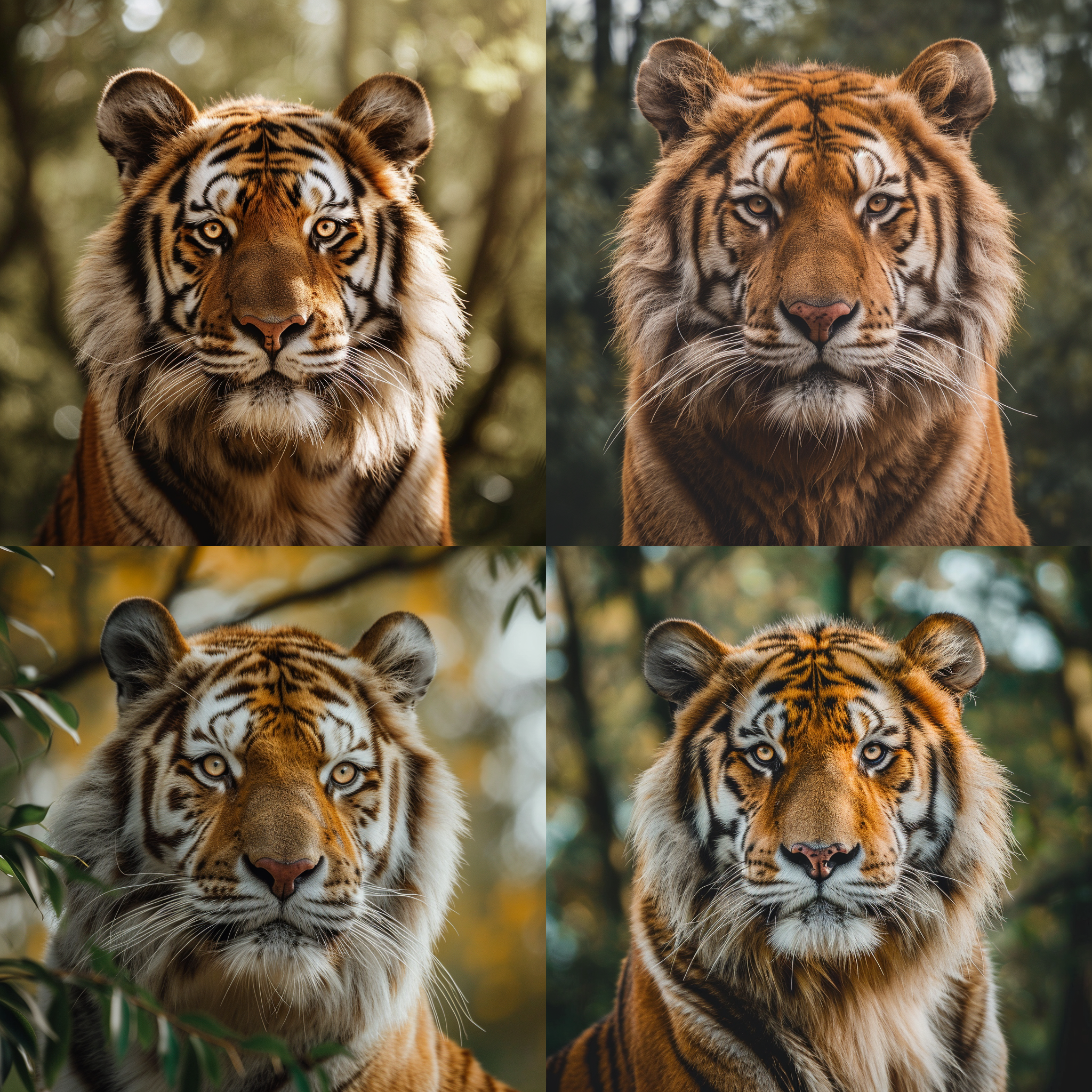 虎纹金丝熊看着镜头，近距离特写，可爱风格，森林背景，柔和光线，大光圈，毛发细节，温暖色调，呆萌表情，眼神亲切，快门留影。