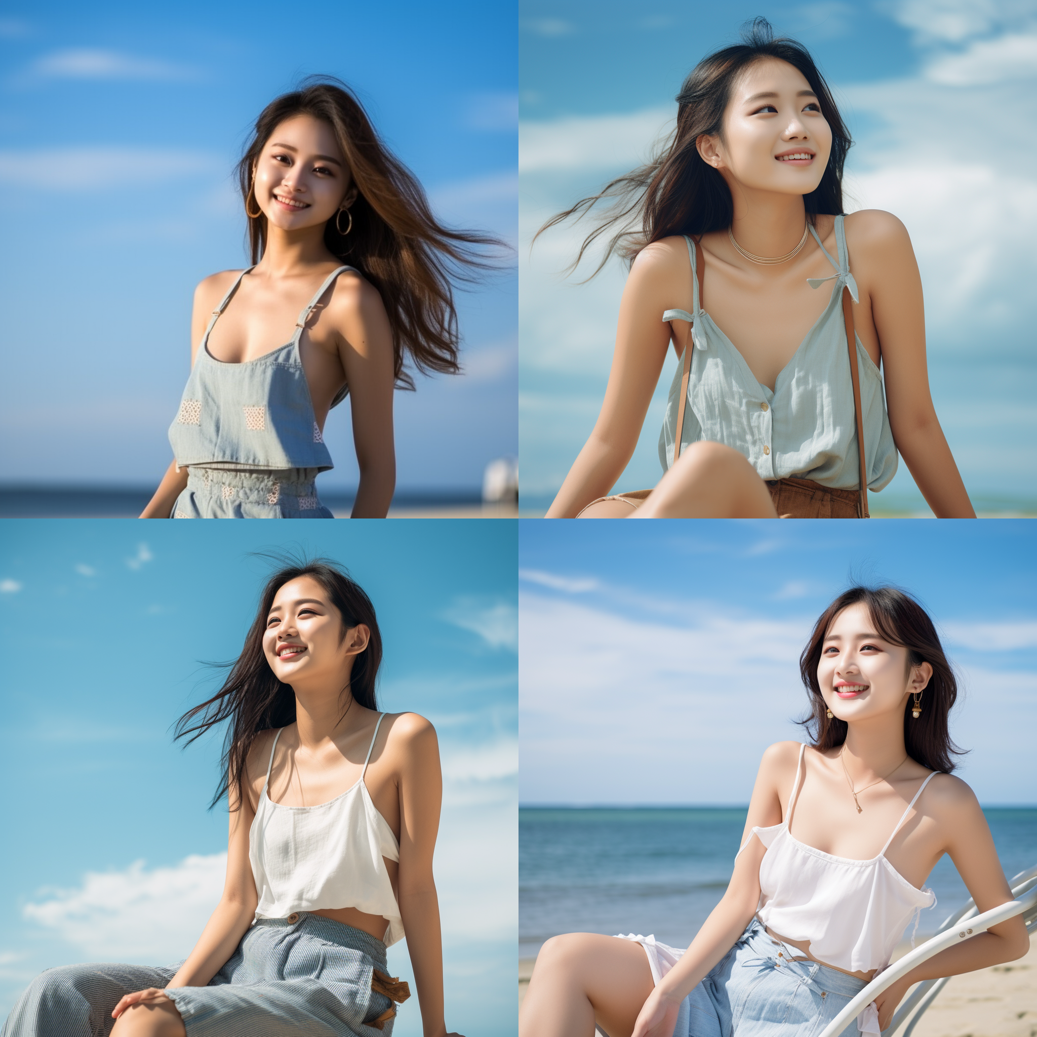 亚洲少女，海边写真，高挑丰满，吊带，回头微笑，高清，坐姿，蓝天白云，柔和光线，自然风格，温暖色调，放松，自信。