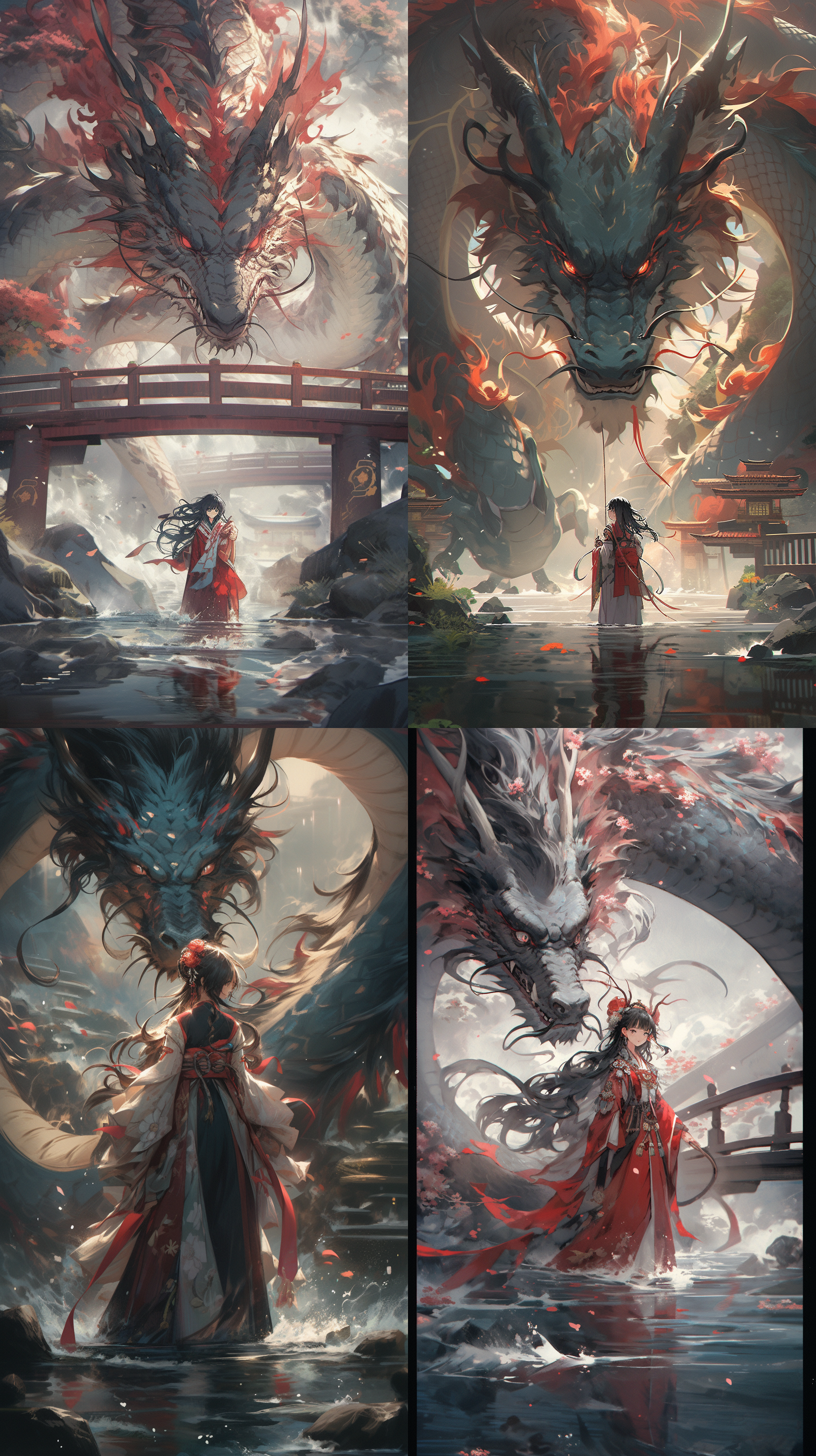 a chinese woman is in a river with a dragon above a bridge, in the style of epic fantasy scenes, red and aquamarine, realist detail, ingrid baars, heather theurer, interactive artwork, animated gifs