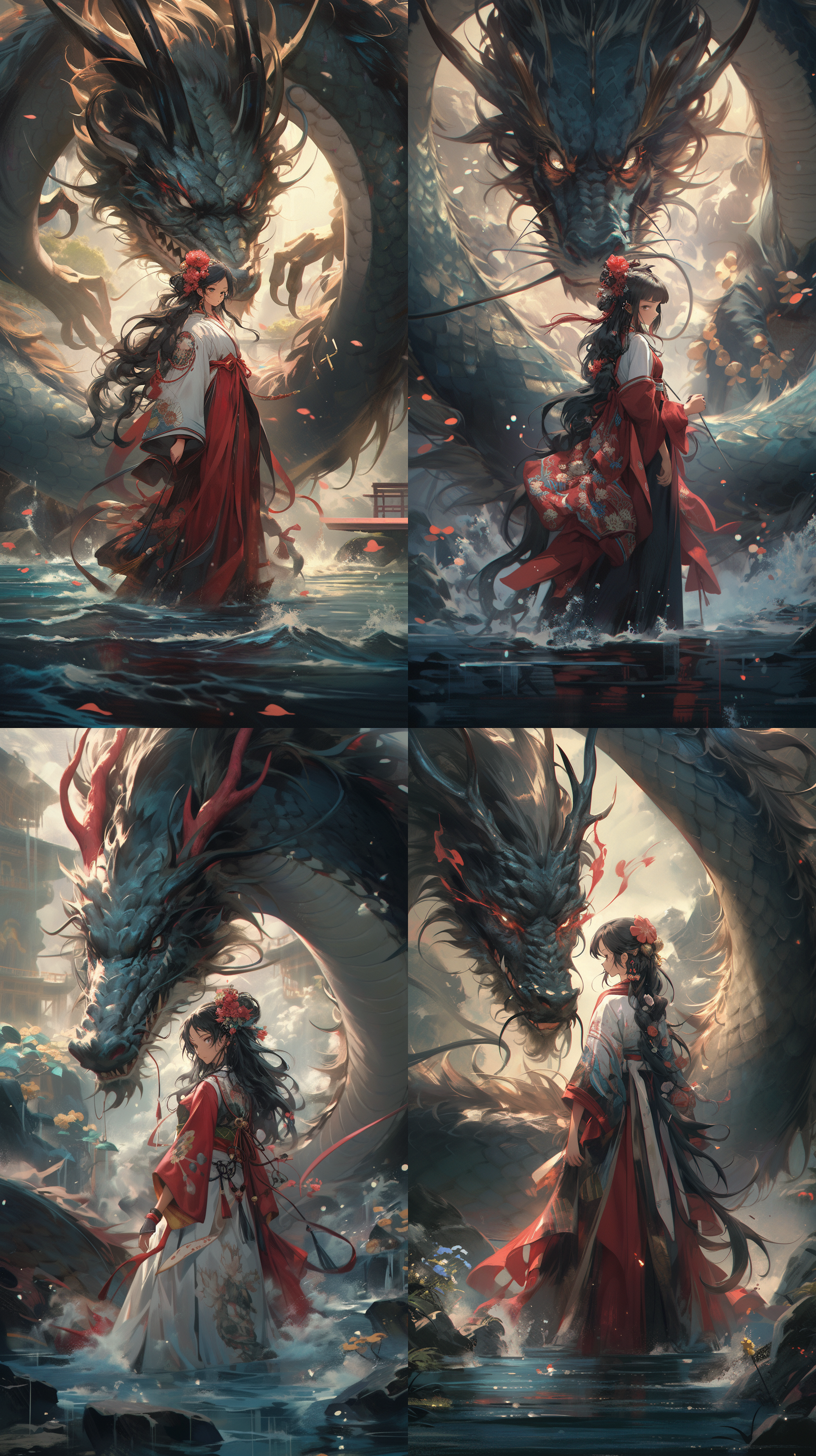 a chinese woman is in a river with a dragon above a bridge, in the style of epic fantasy scenes, red and aquamarine, realist detail, ingrid baars, heather theurer, interactive artwork, animated gifs