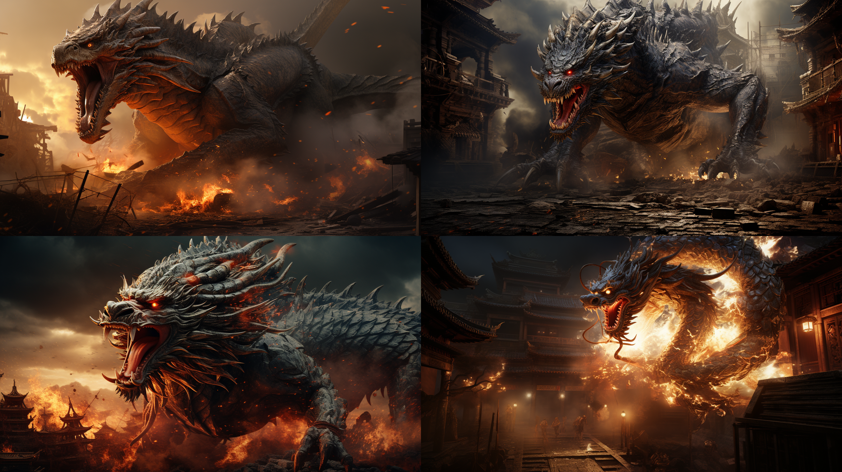 机甲中国龙在末日未来的战斗中，展现出动感十足的景象。大广角镜头突出机甲中国龙的威严和力量。背景呈现末日的废墟，营造紧张氛围。光线透过烟尘洒在机甲中国龙身上，形成高对比度。整个画面以动作和速度为主题，色调偏暗，彰显战斗的紧迫感和决绝。机甲，中国龙，末日未来，战斗，动感，大广角镜头，威严，力量，废墟，紧张，光线，烟尘，高对比度，动作，速度，色调暗，紧迫感，决绝。 未来主义 废弃城市群 赛博空间 雨天背景 废墟 赛博朋克城 近未来城市 未来城市