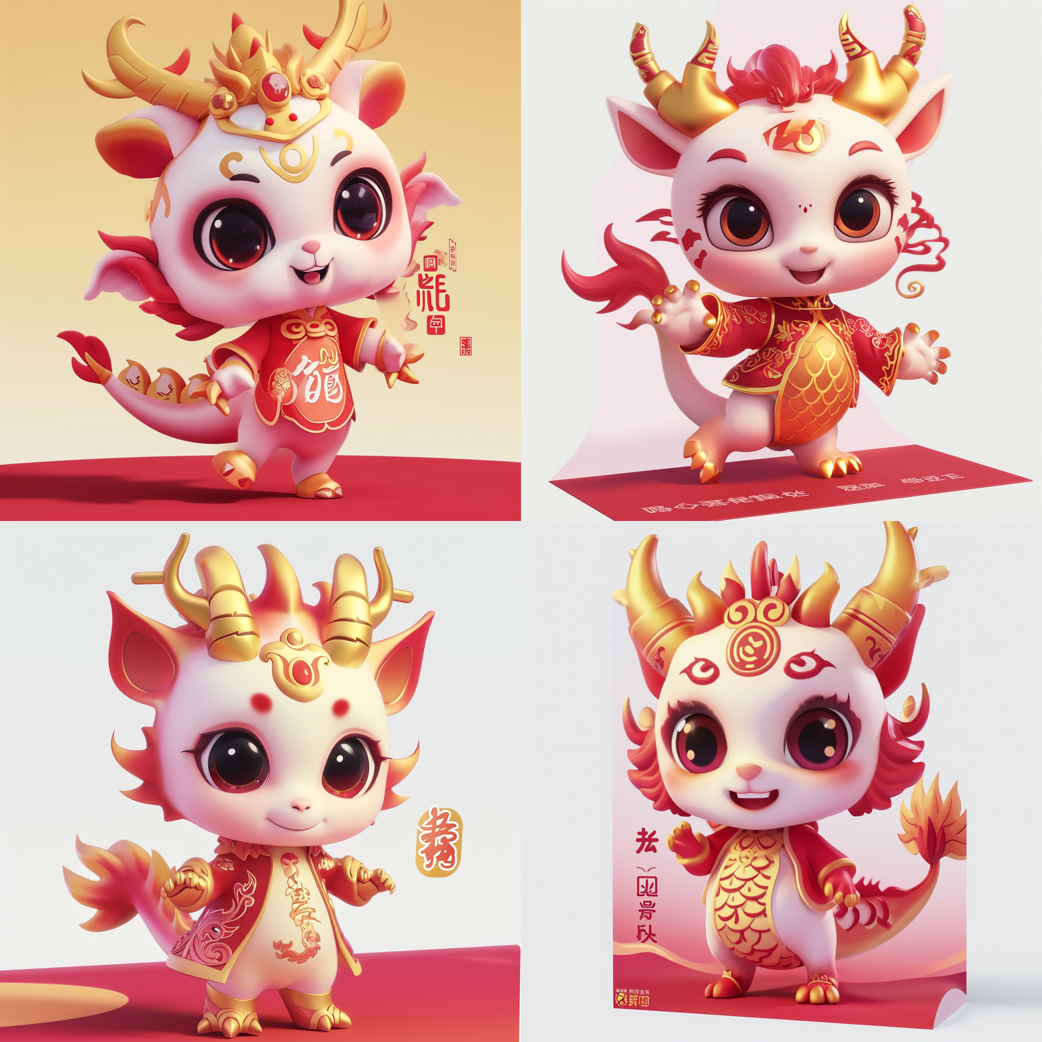 小朋友卡通形像，人形化卡通龙，黑眼睛，手金色龙爪，脚金色龙爪，金色龙角，龙鳞，龙尾巴，红色衣服，动漫风格，活泼可爱，微笑，无背景，喜庆，春节，过年气氛，立体感，鲜艳明亮色彩，细节丰富，圆润轮廓，渐变色调，幸福快乐，喜庆装饰。