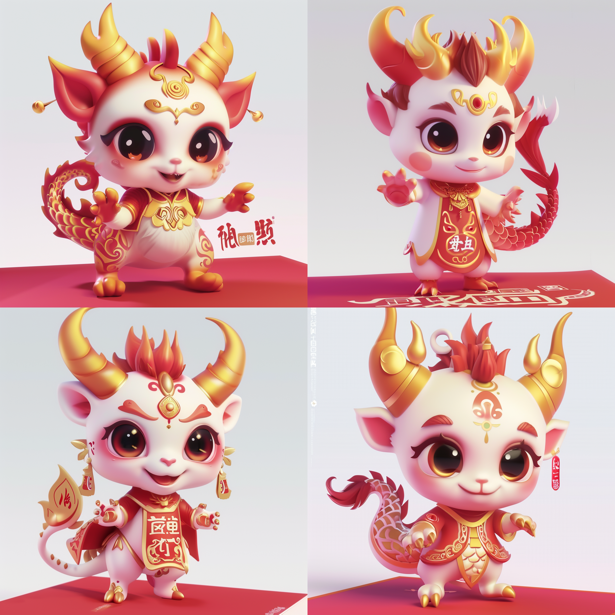 小朋友卡通形像，人形化卡通龙，黑眼睛，手金色龙爪，脚金色龙爪，金色龙角，龙鳞，龙尾巴，红色衣服，动漫风格，活泼可爱，微笑，无背景，喜庆，春节，过年气氛，立体感，鲜艳明亮色彩，细节丰富，圆润轮廓，渐变色调，幸福快乐，喜庆装饰。