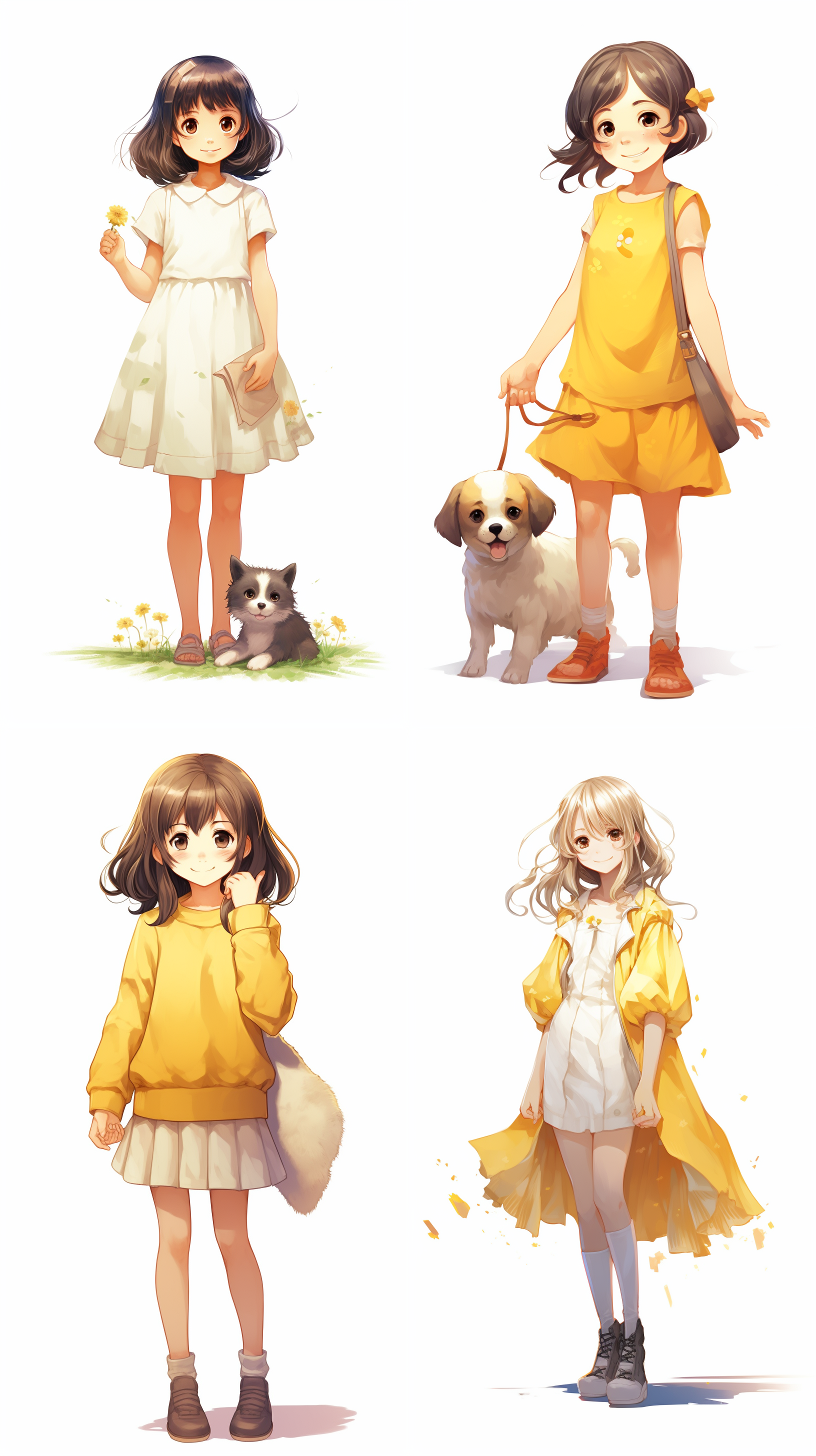 人物设定，12岁阳光少女，微笑包着宠物，手稿风格，全身图。干净的背景突出了主题。光线柔和清晰，色彩明亮，二次元手绘简洁，无背景 干净背景 干净背景 干净背景